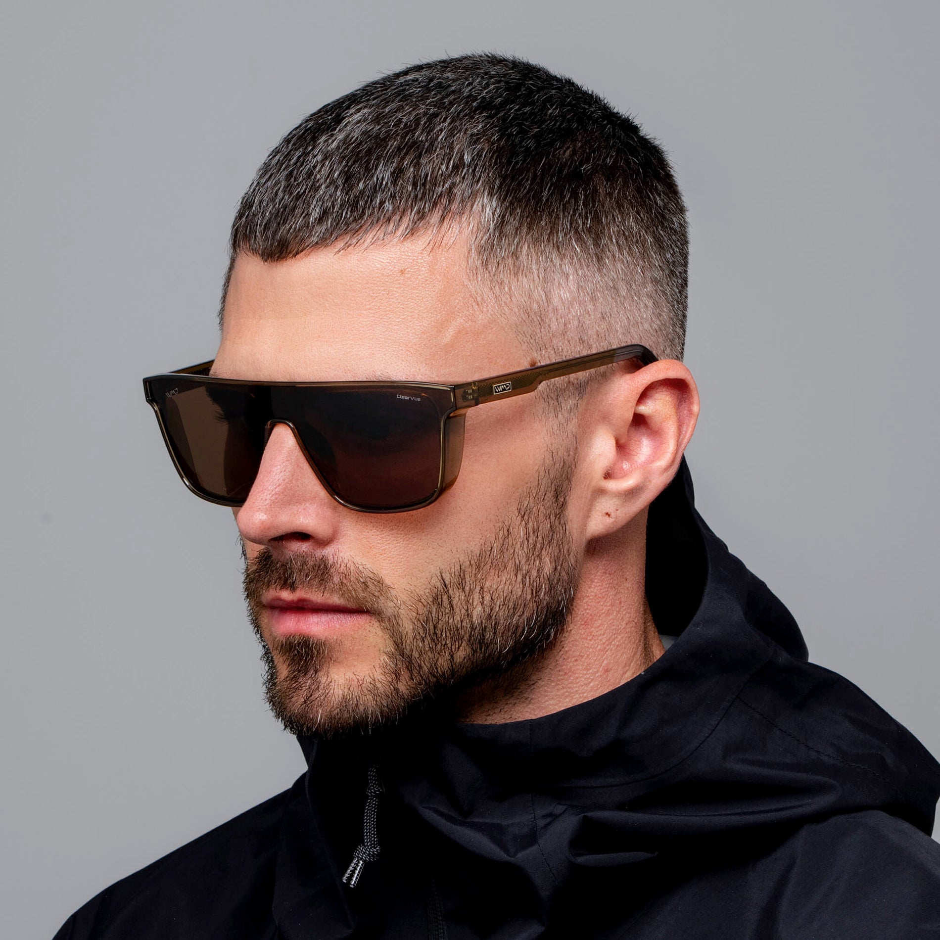 Crystal Verde / Brown Lens || Men's Rectangular Wrap Around Shield Sunglasses with Crystal Verde Acetate Frame and Brown Polarized Lens