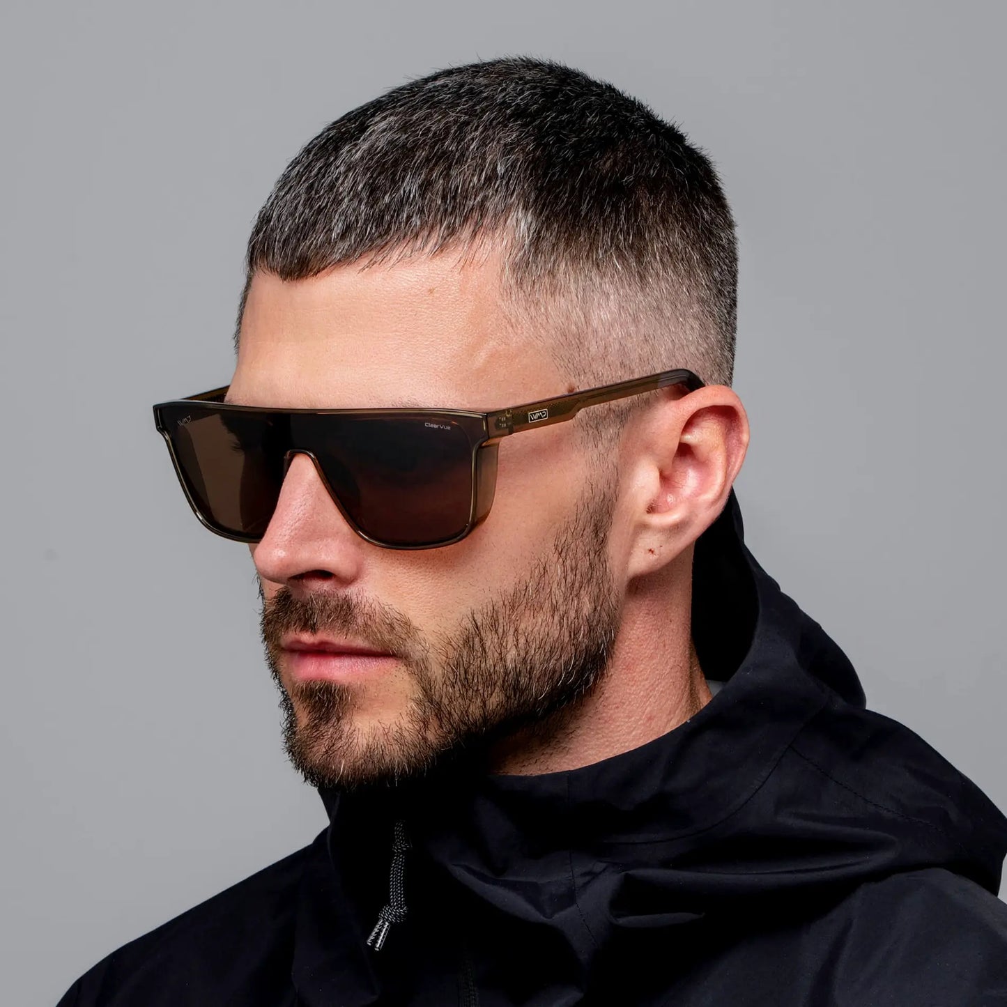 Crystal Verde / Brown Lens || Men's Rectangular Wrap Around Shield Sunglasses with Crystal Verde Acetate Frame and Brown Polarized Lens