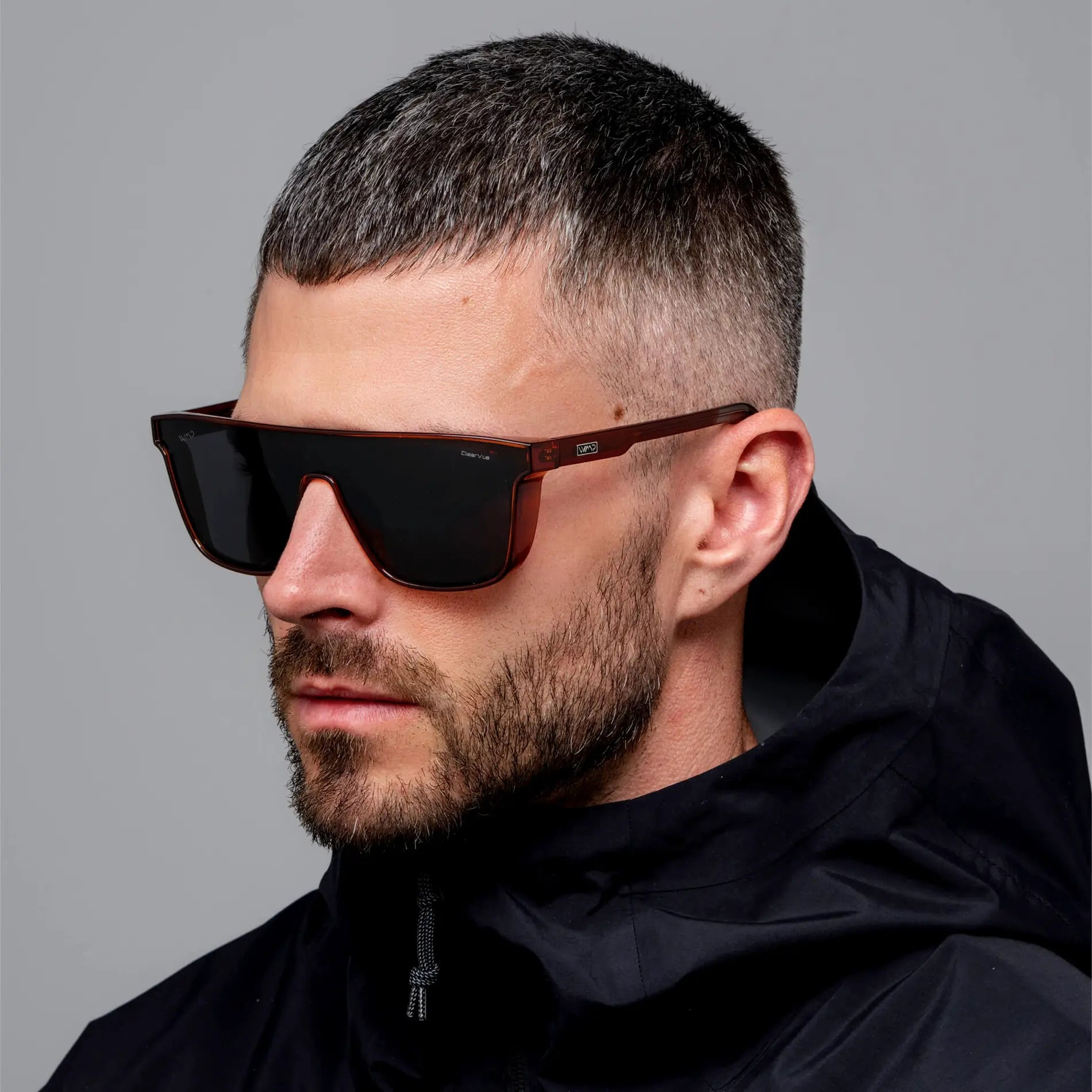 Crimson Red / Black Lens || Men's Rectangular Wrap Around Shield Sunglasses with Crimson Red Acetate Frame and Black Polarized Lens