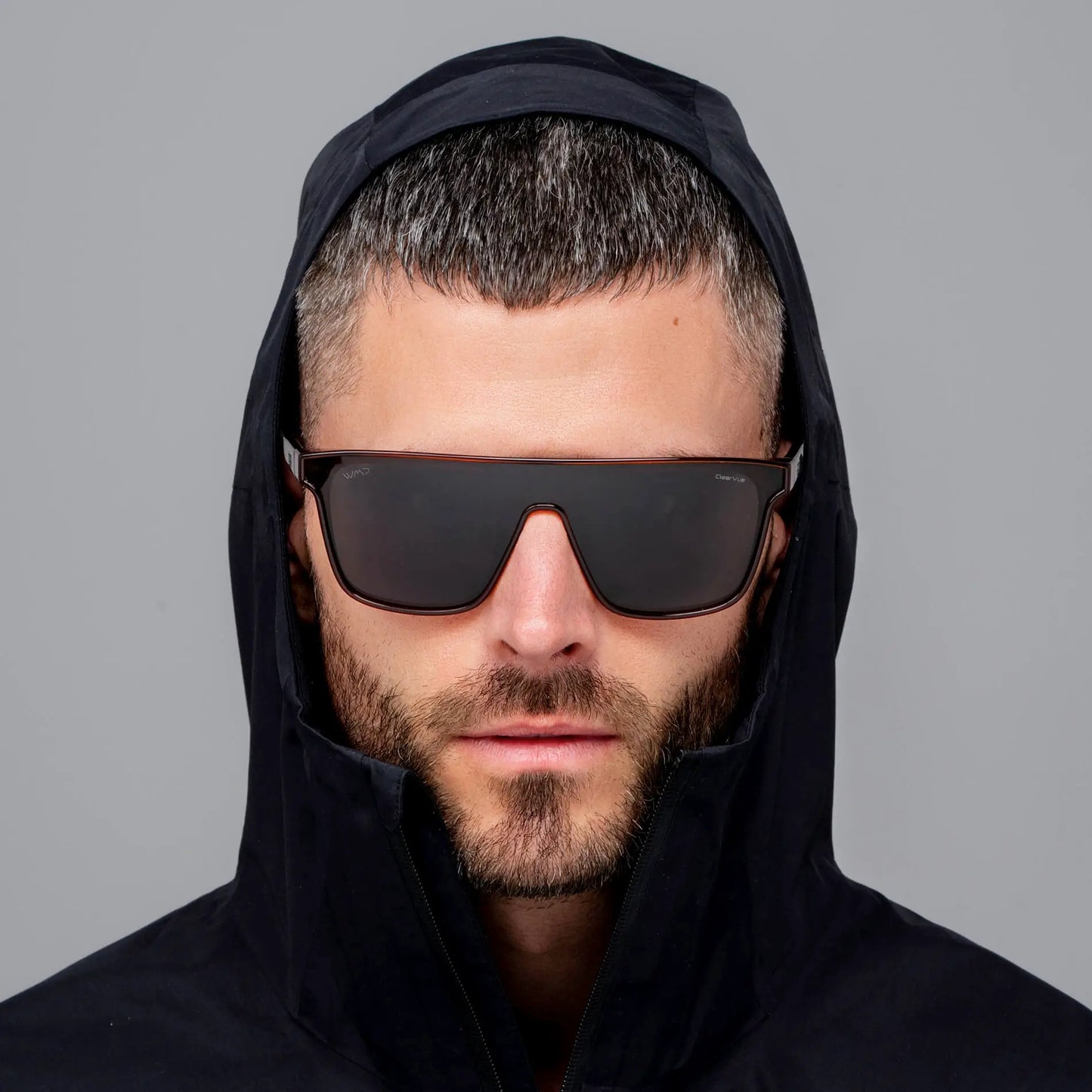 Crimson Red / Black Lens || Men's Rectangular Wrap Around Shield Sunglasses with Crimson Red Acetate Frame and Black Polarized Lens