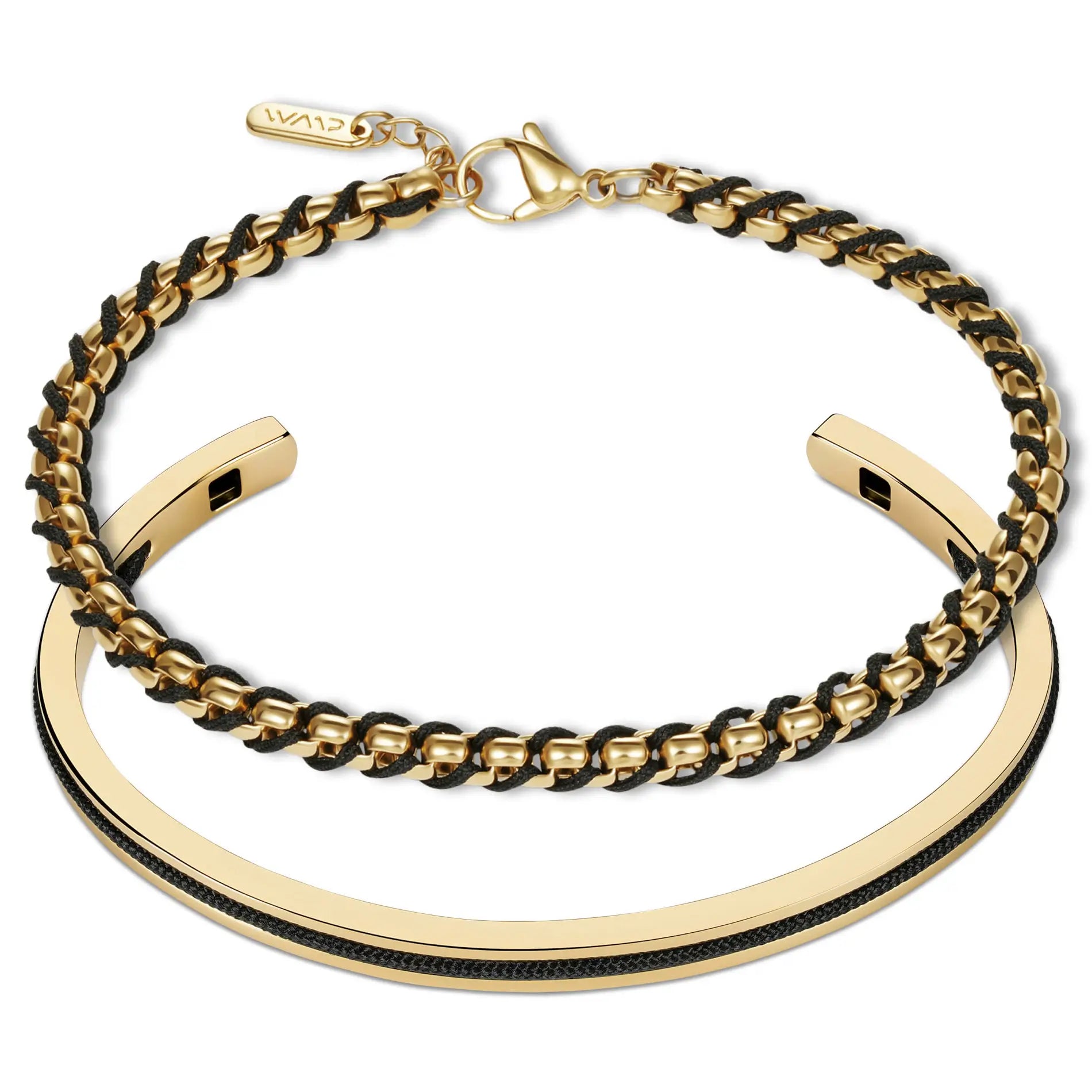 Gold / Black || Men's Cuff and Twisted Chain Bracelet Combination Set in Gold and Black on a white background. 