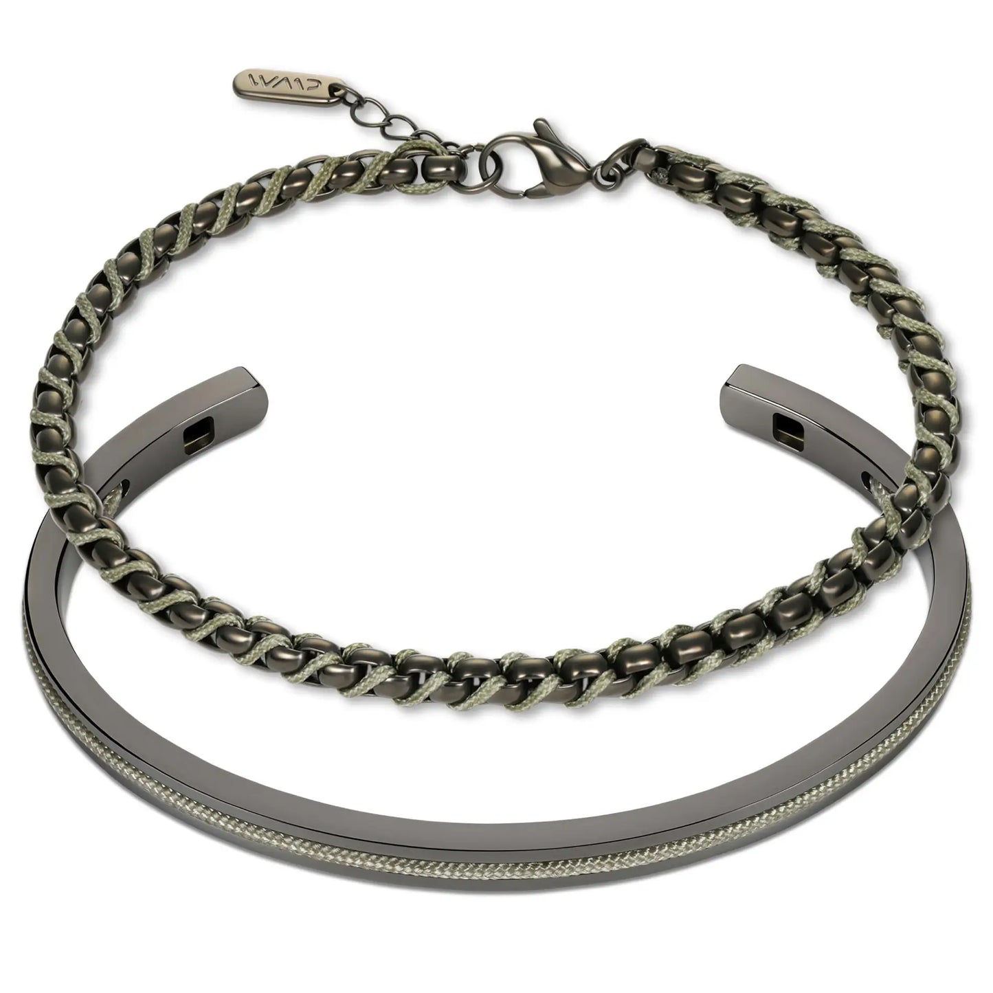 Gunmetal / Olive Green || Men's Cuff and Twisted Chain Bracelet Combination Set in Gunmetal and Olive Green on a white background