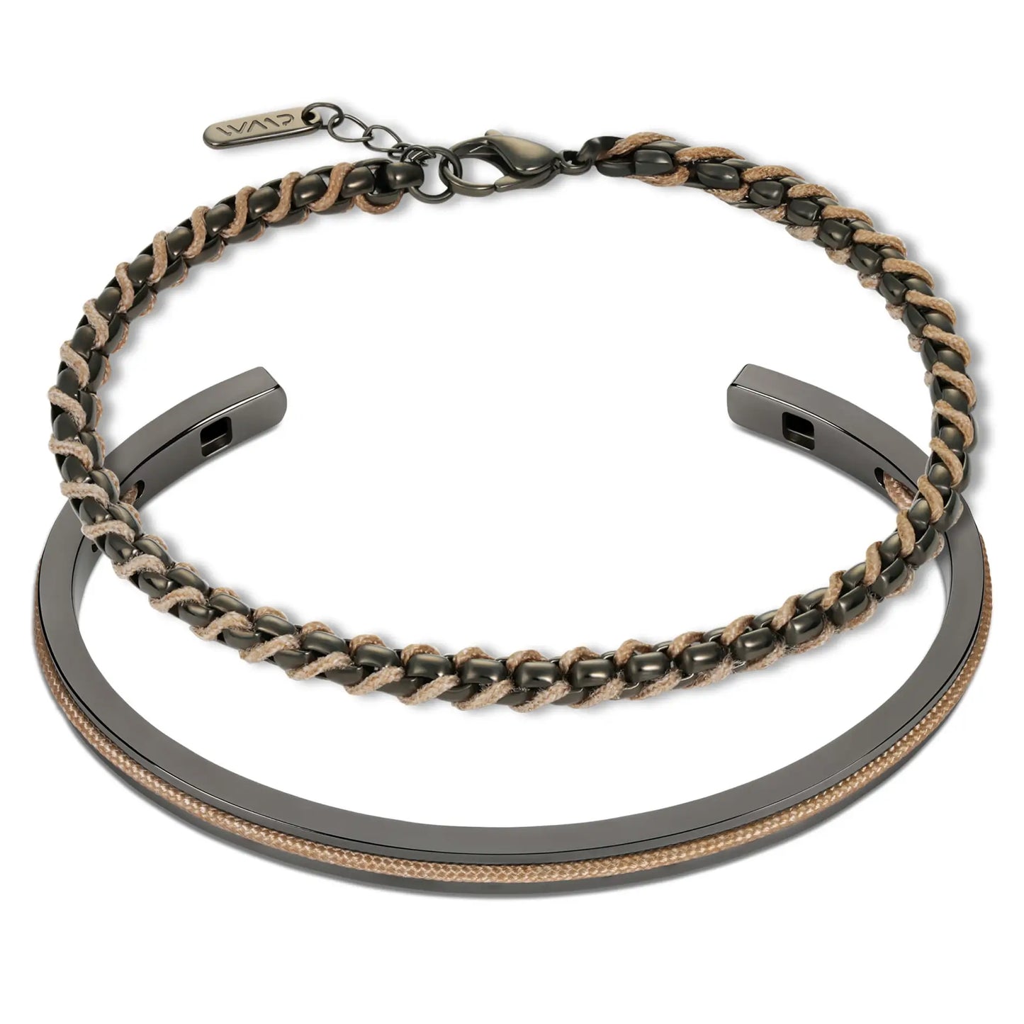 Gunmetal / Sand Rope || Men's Cuff and Twisted Chain Bracelet Combination Set in Gunmetal and Sand on a white background