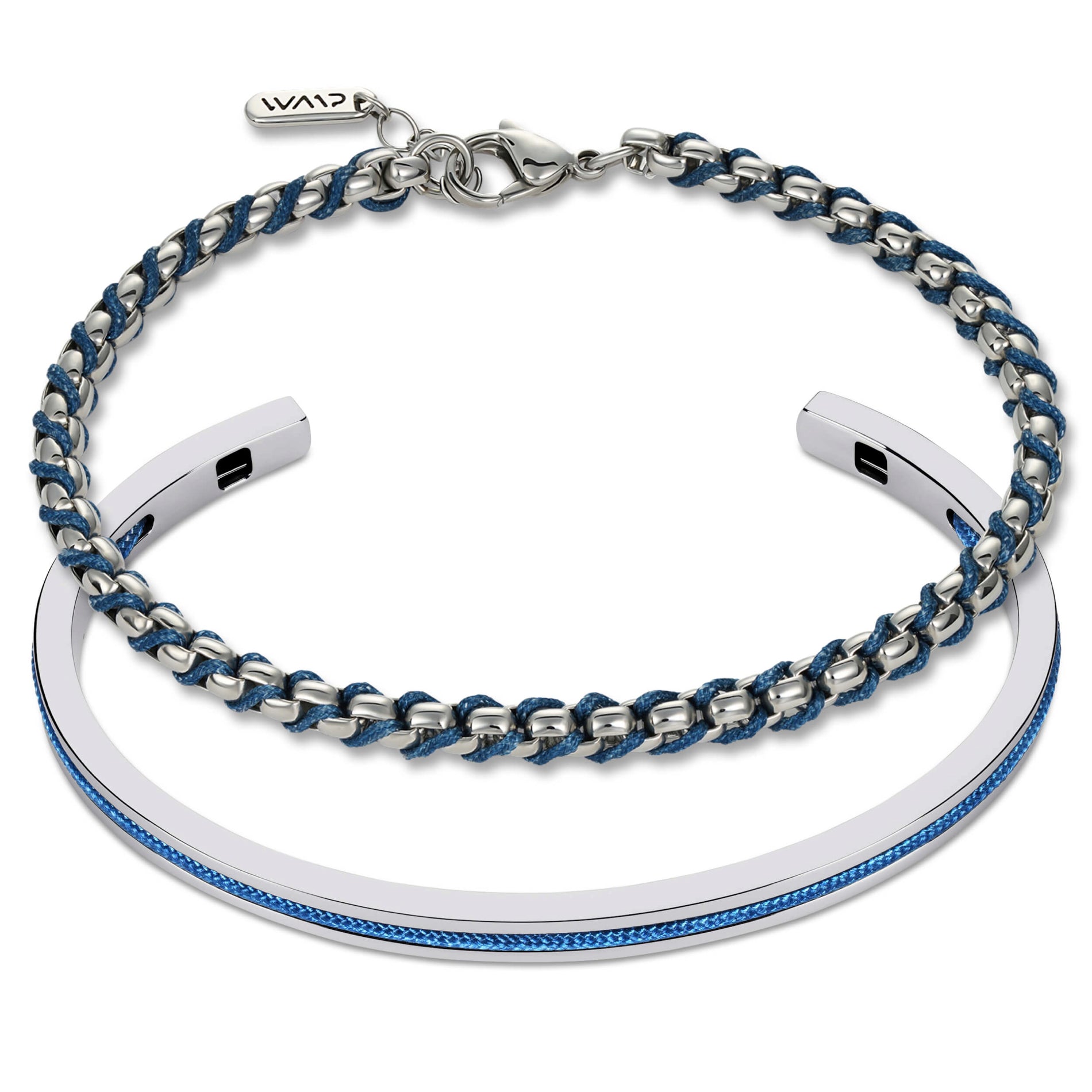 Silver / Blue || Men's Cuff and Twisted Chain Bracelet Combination Set in Silver and Navy Blue