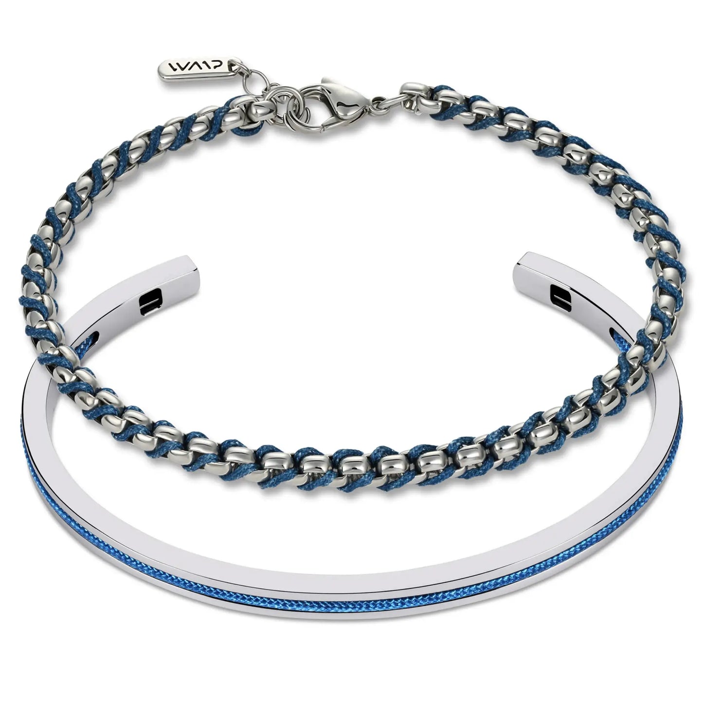 Silver / Blue || Men's Cuff and Twisted Chain Bracelet Combination Set in Silver and Navy Blue on a white background 