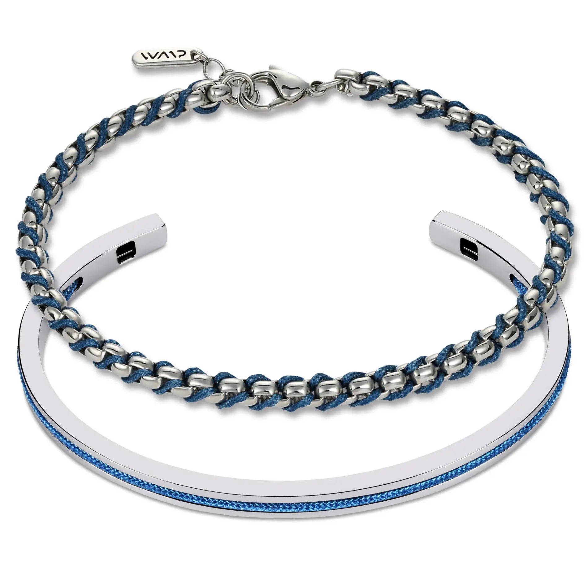 Silver / Blue || Men's Cuff and Twisted Chain Bracelet Combination Set in Silver and Navy Blue on a white background 