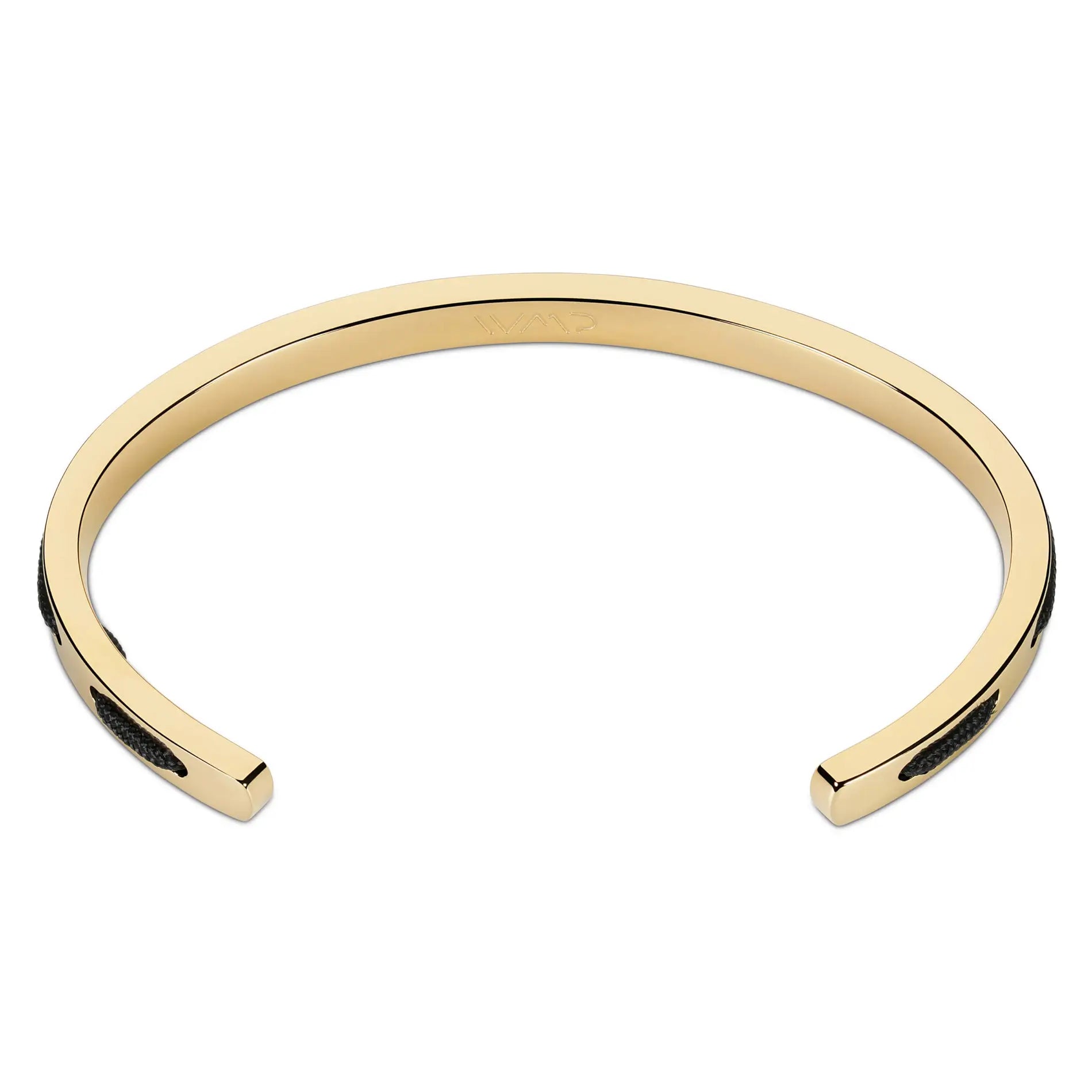 Gold / Onyx Black || Back view of the Minimalist Gold Men's Cuff Bracelet with Black Rope Detail on a white background 