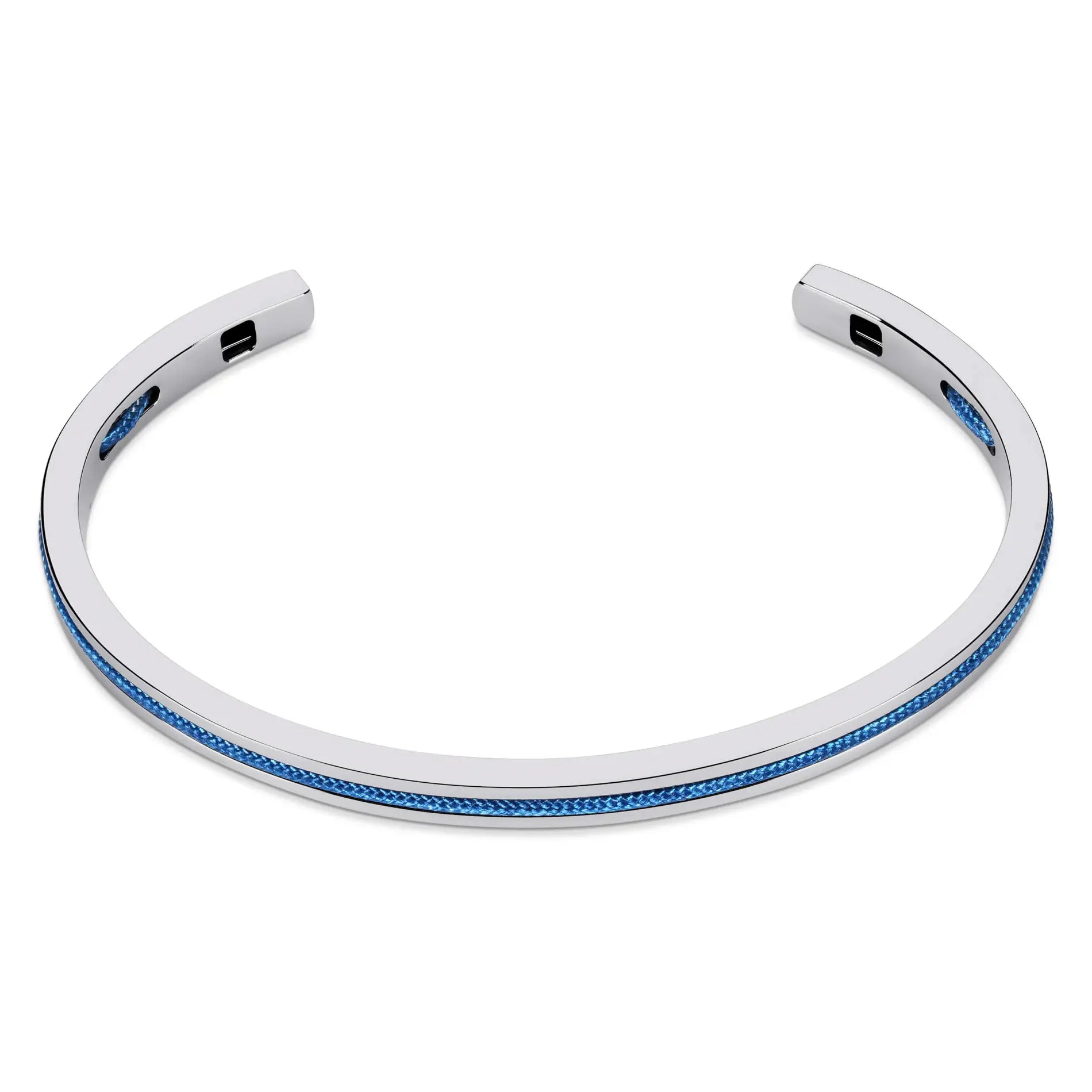 Silver / Blue || Men's Cuff and Twisted Chain Bracelet Combination Set in Silver and Navy Blue on a white background 