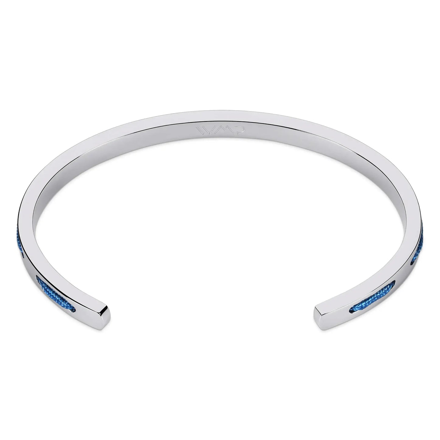 Silver / Denim Blue || Back view of the Minimalist Silver Men's Cuff Bracelet with Blue Rope Detail on a white background. 