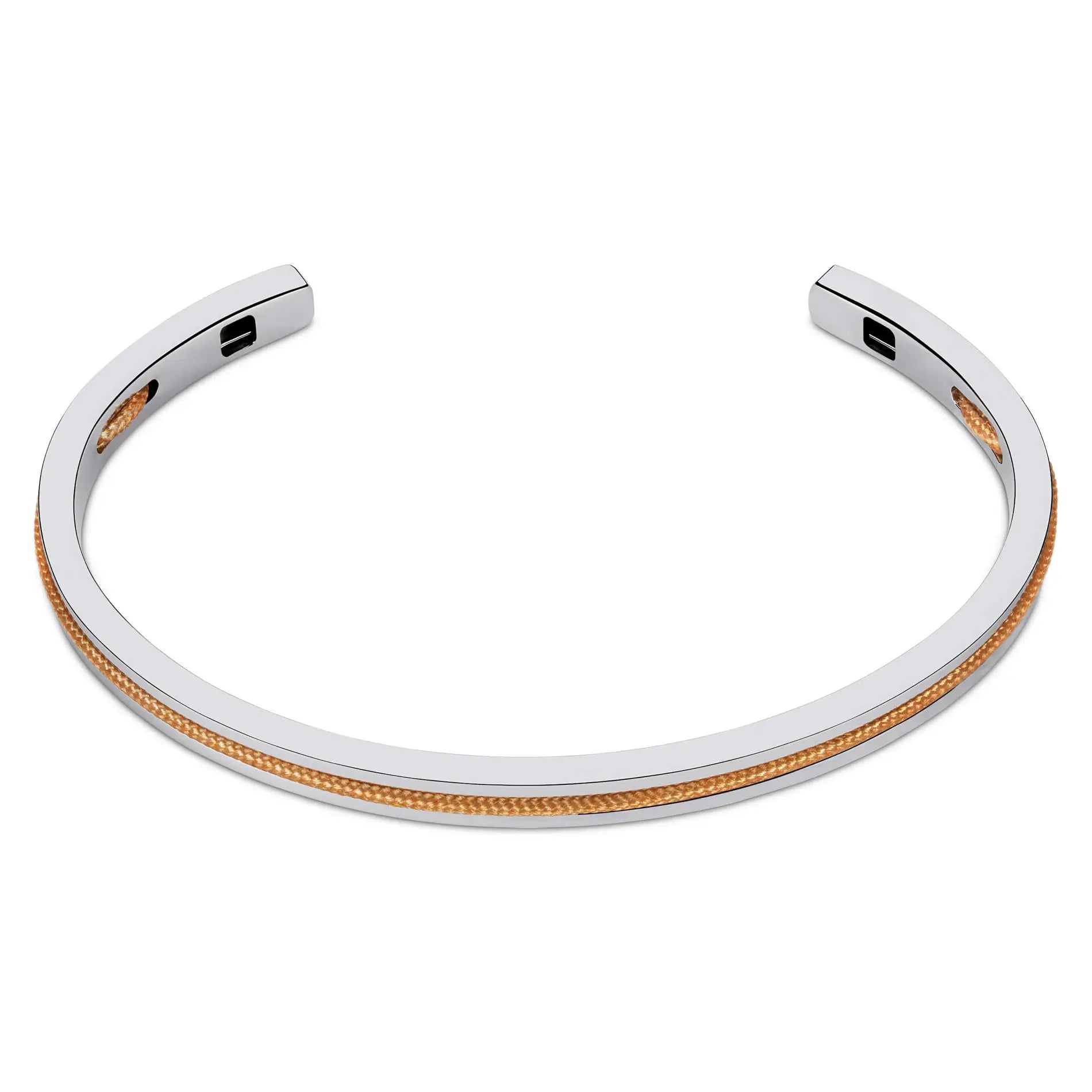 Silver / Desert Tan || Minimalist Silver Men's Cuff Bracelet with Tan Rope Detail on a white background. 