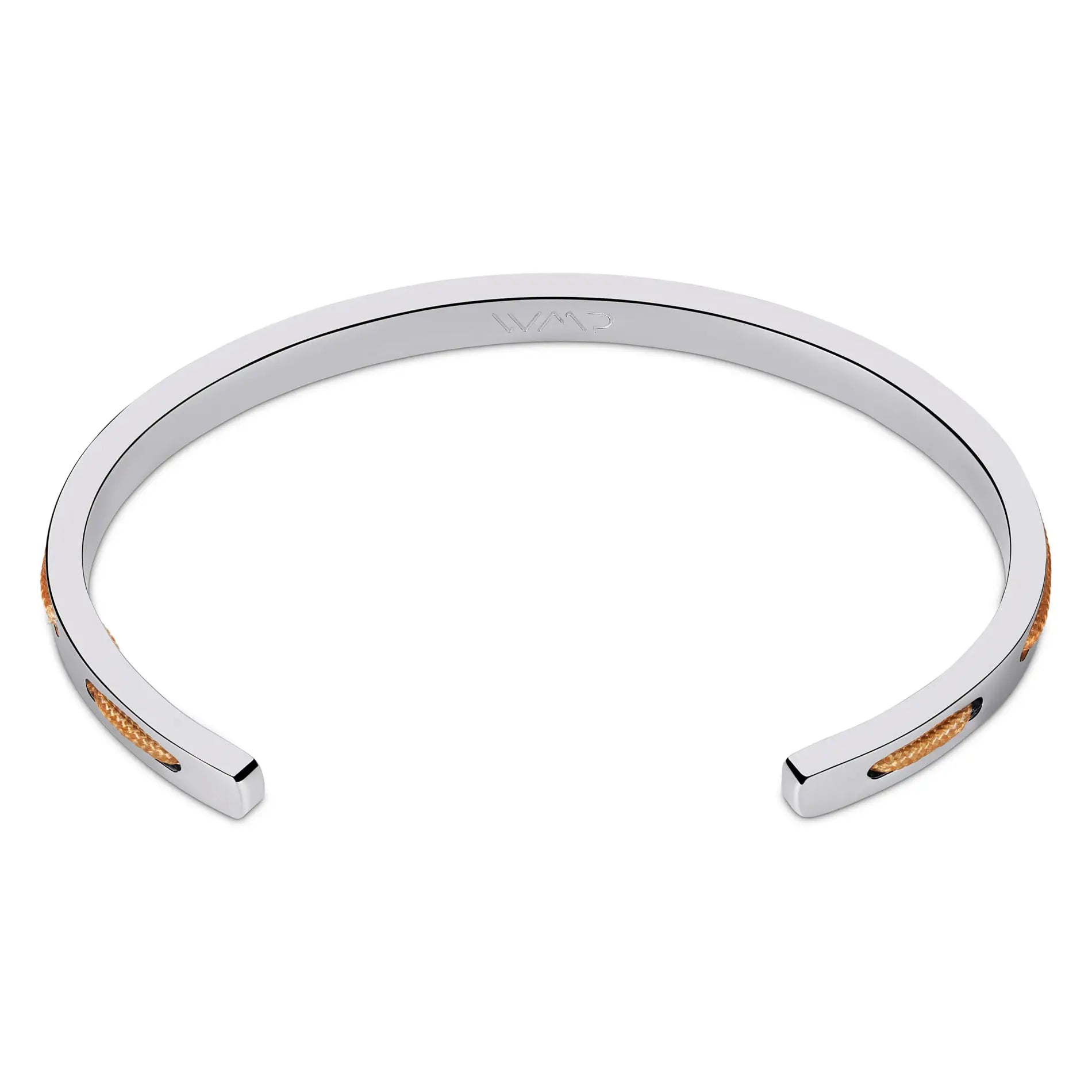 Silver / Desert Tan || Back view of the Minimalist Silver Men's Cuff Bracelet with Tan Rope Detail on a white background. 