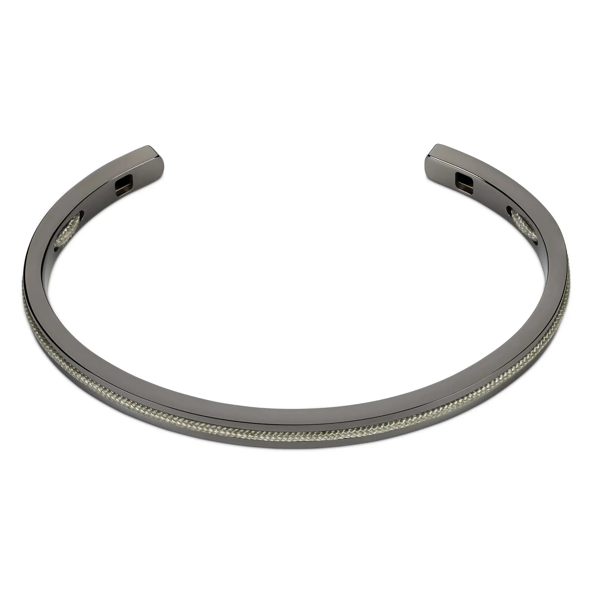 Gunmetal / Olive Green || Minimalist Gunmetal Men's Cuff Bracelet with Green Rope Detail on a white background. 