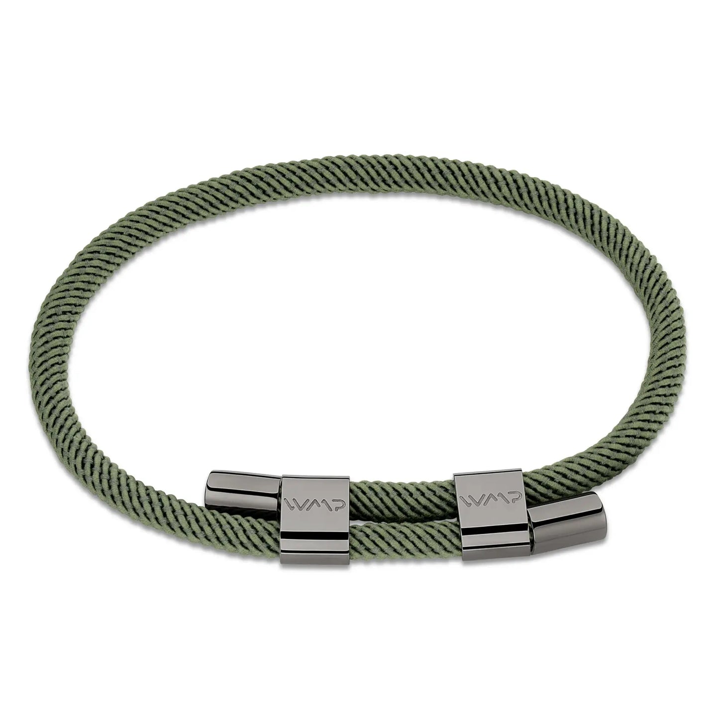 Olive Green / Gunmetal || Minimalist Gunmetal Men's Bracelet with Green Rope Adjustable Detail on a white background. 