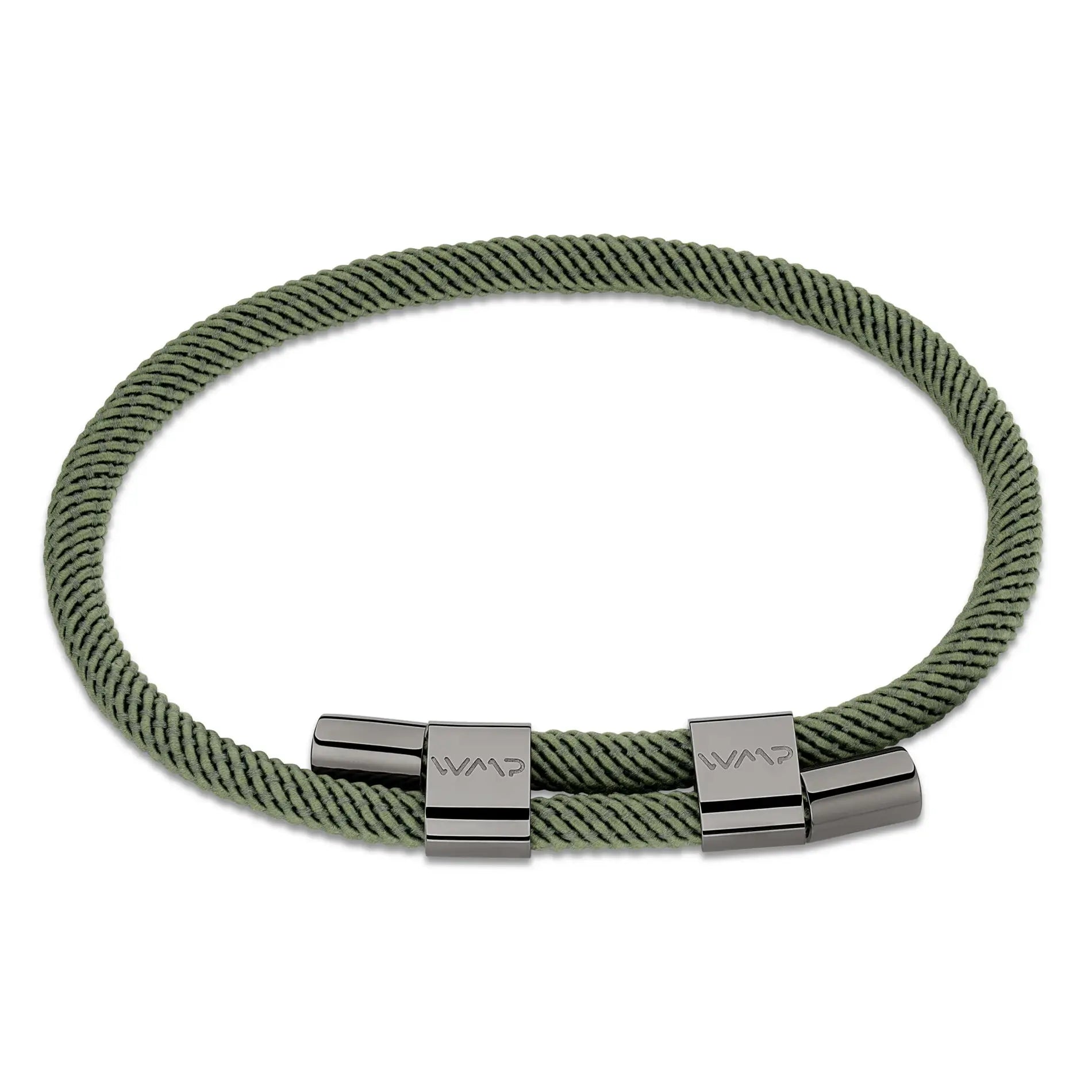 Olive Green / Gunmetal || Minimalist Gunmetal Men's Bracelet with Green Rope Adjustable Detail on a white background. 