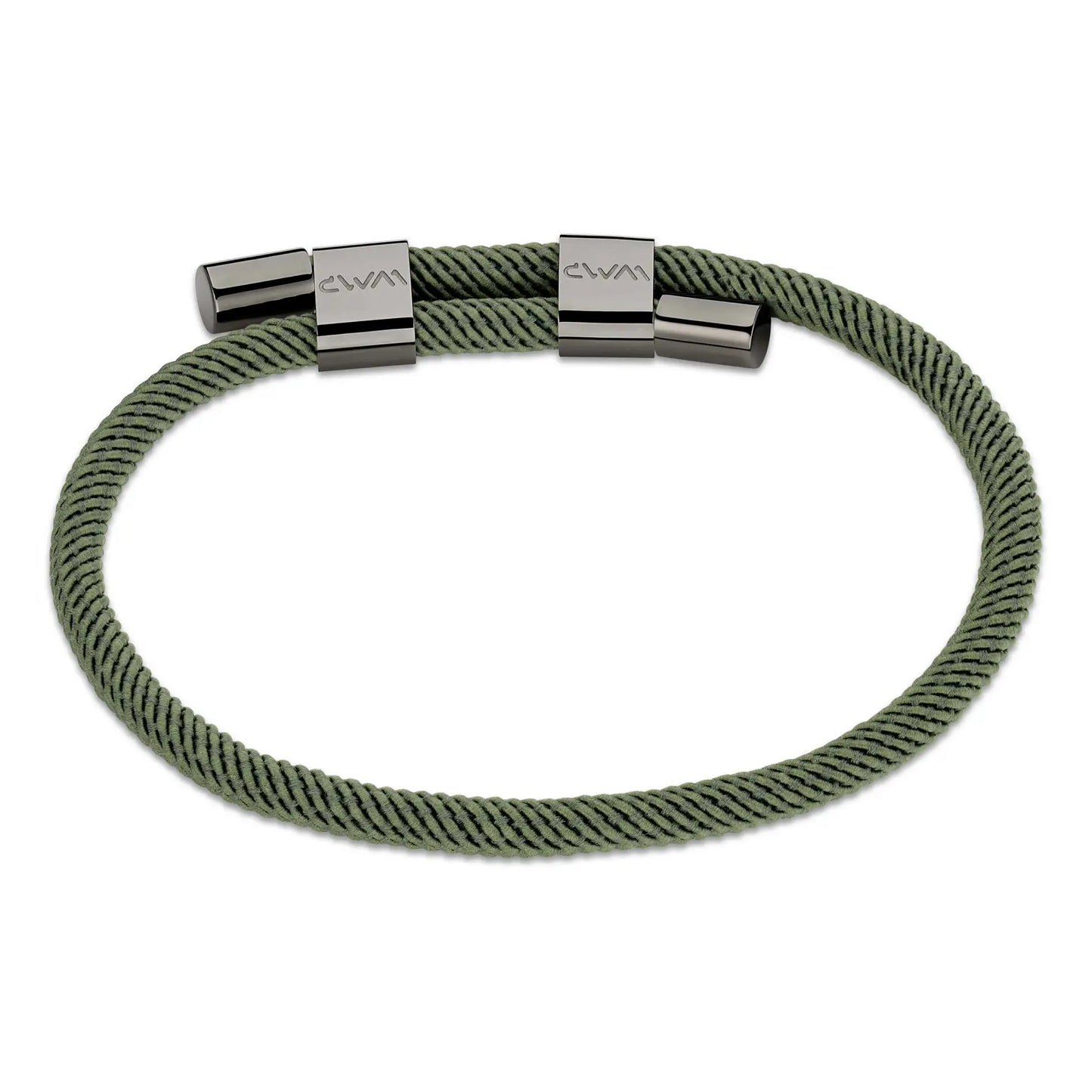 Olive Green / Gunmetal || Minimalist Gunmetal Men's Bracelet with Green Rope Adjustable Detail on a white background. 