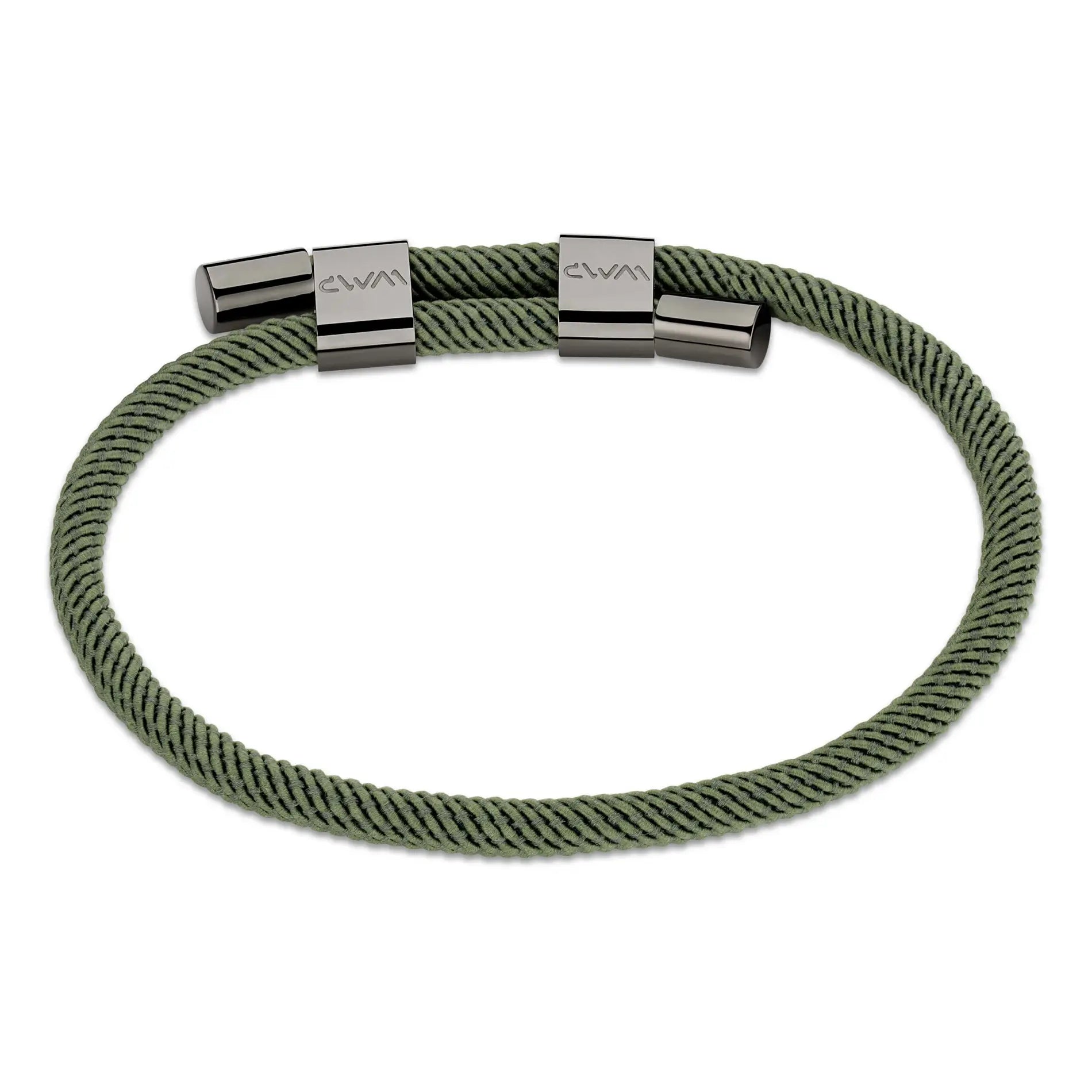 Olive Green / Gunmetal || Minimalist Gunmetal Men's Bracelet with Green Rope Adjustable Detail on a white background. 