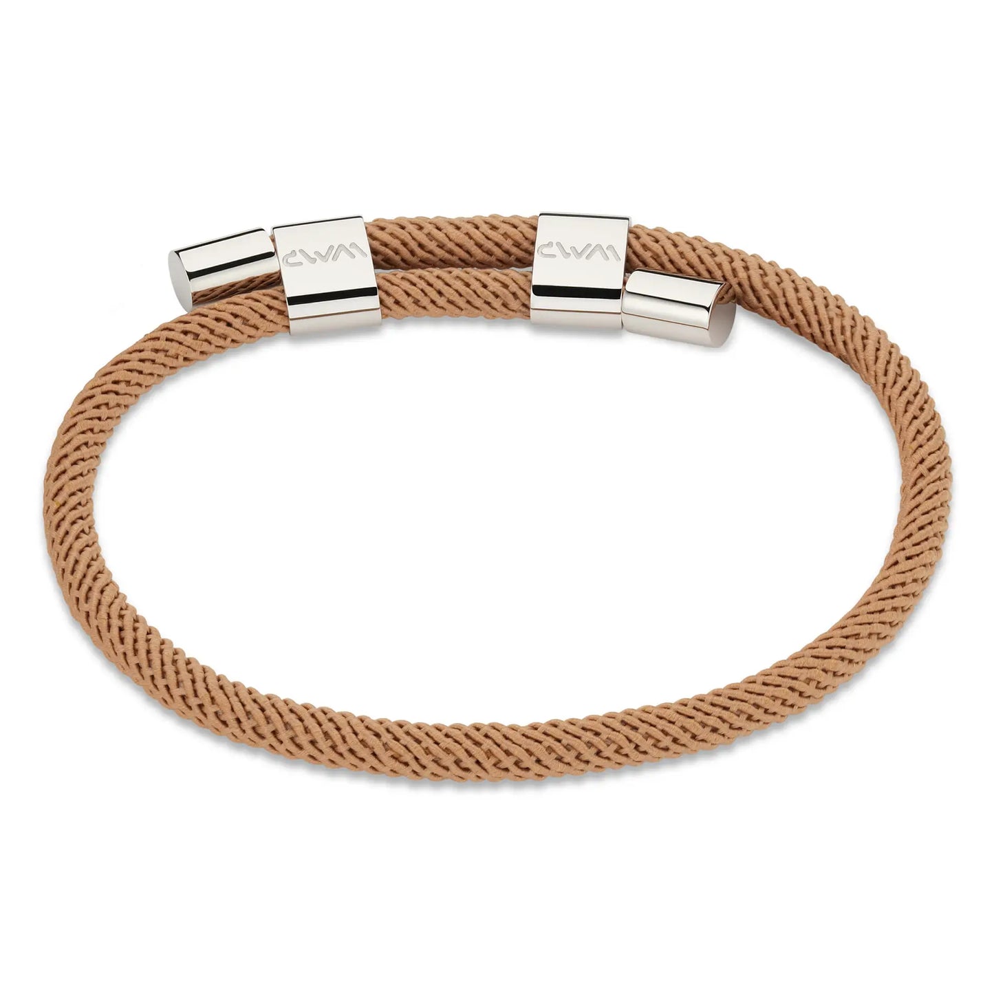 Desert Tan / Silver || Minimalist Silver Men's Bracelet with Brown Rope Adjustable Detail on a white background. 
