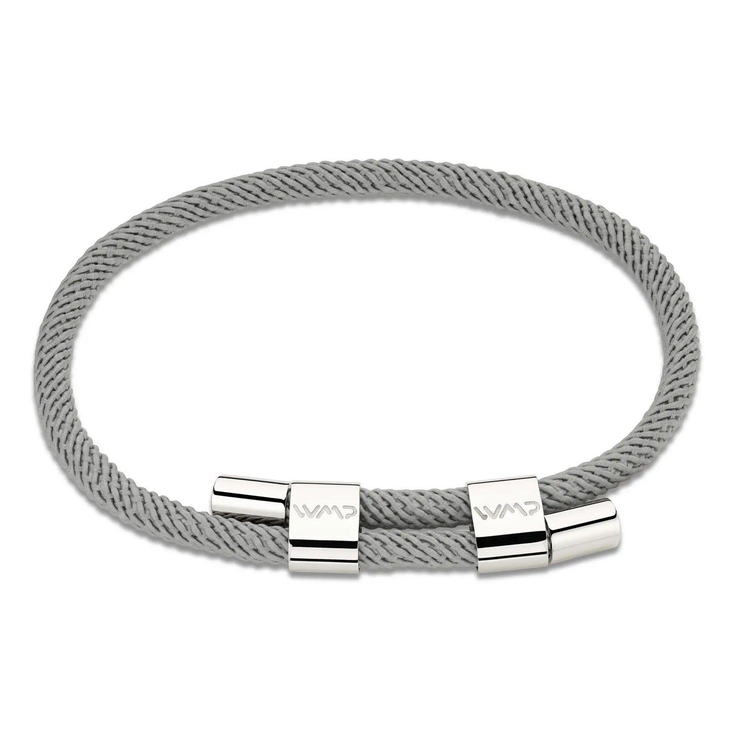 Stone Grey / Silver || Minimalist Silver Men's Bracelet with Grey Rope Adjustable Detail on a white background.