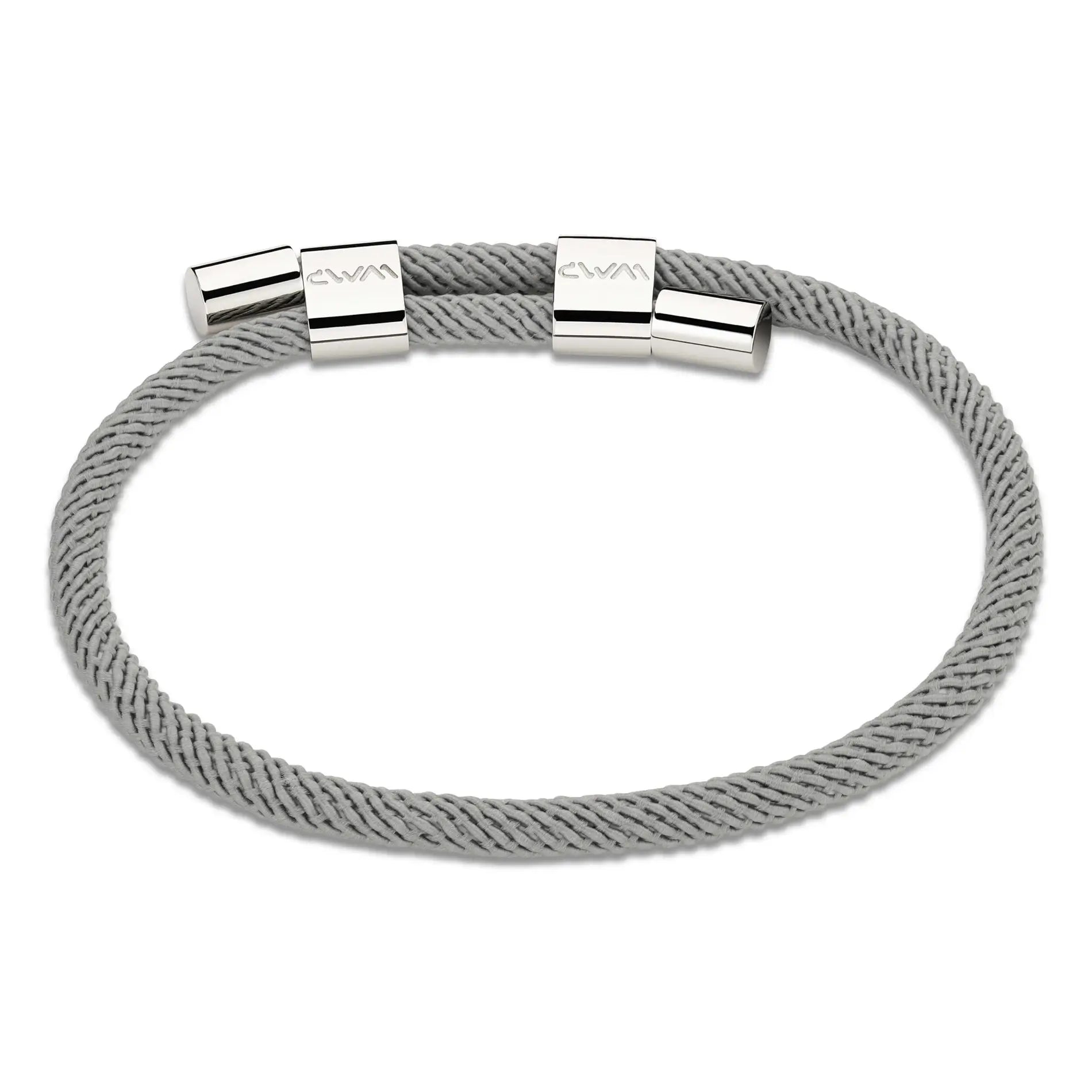 Stone Grey / Silver || Minimalist Silver Men's Bracelet with Grey Rope Adjustable Detail on a white background. 