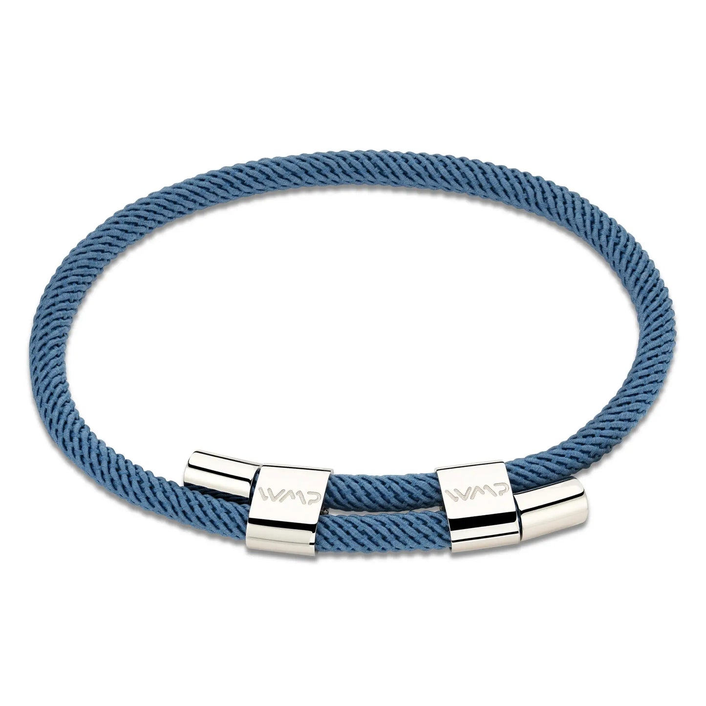 Denim Blue / Silver || Minimalist Silver Men's Bracelet with Blue Rope Adjustable Detail on white background. 