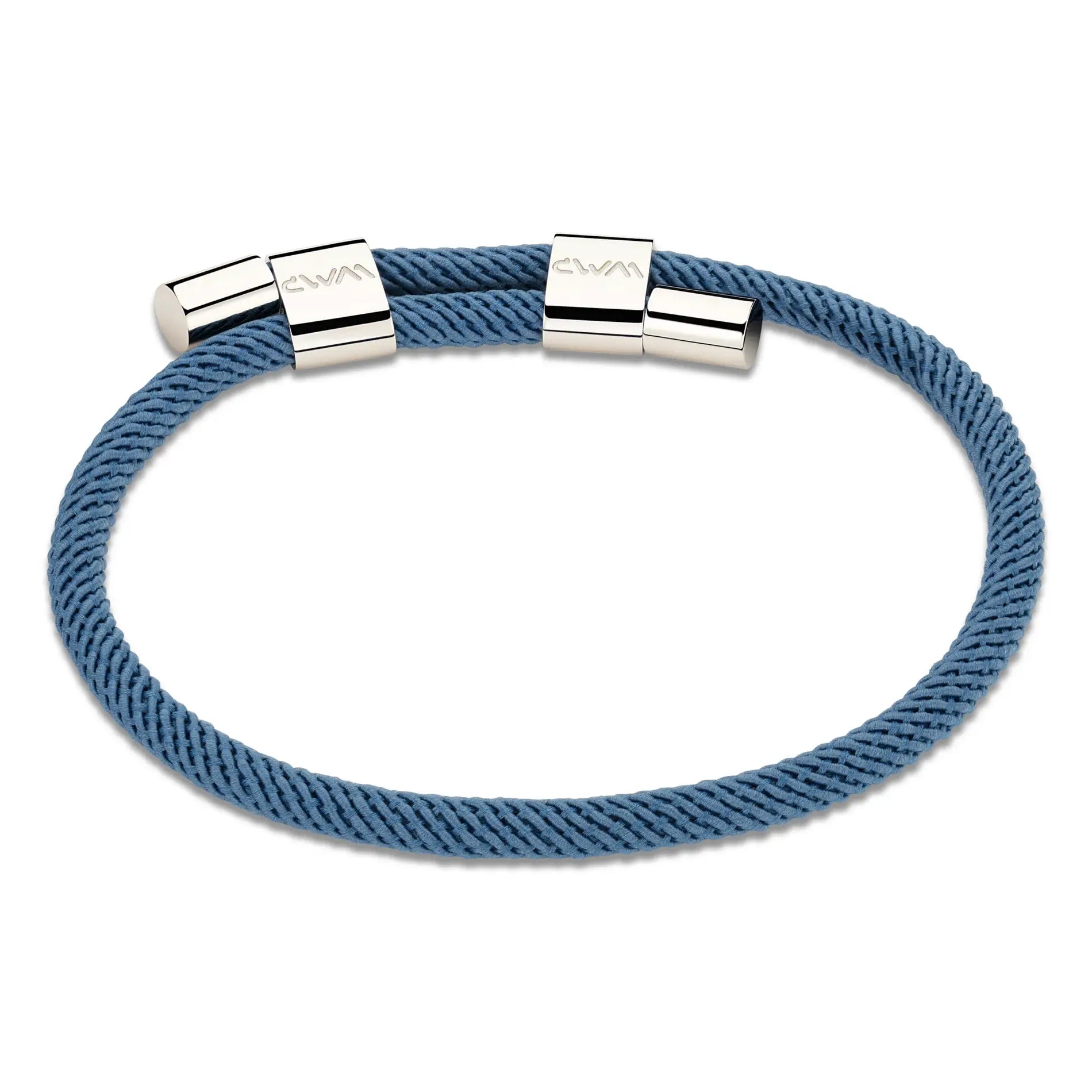 Denim Blue / Silver || Minimalist Silver Men's Bracelet with Blue Rope Adjustable Detail on a white background. 