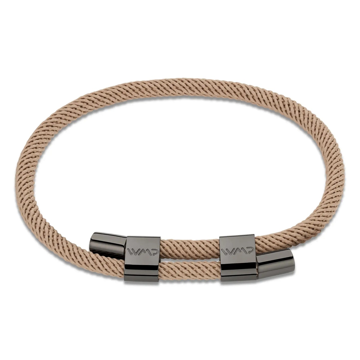 Sand / Gunmetal || Adjustable Water Resistant Men's Beige Rope Bracelet with Gunmetal Details on a white background. 