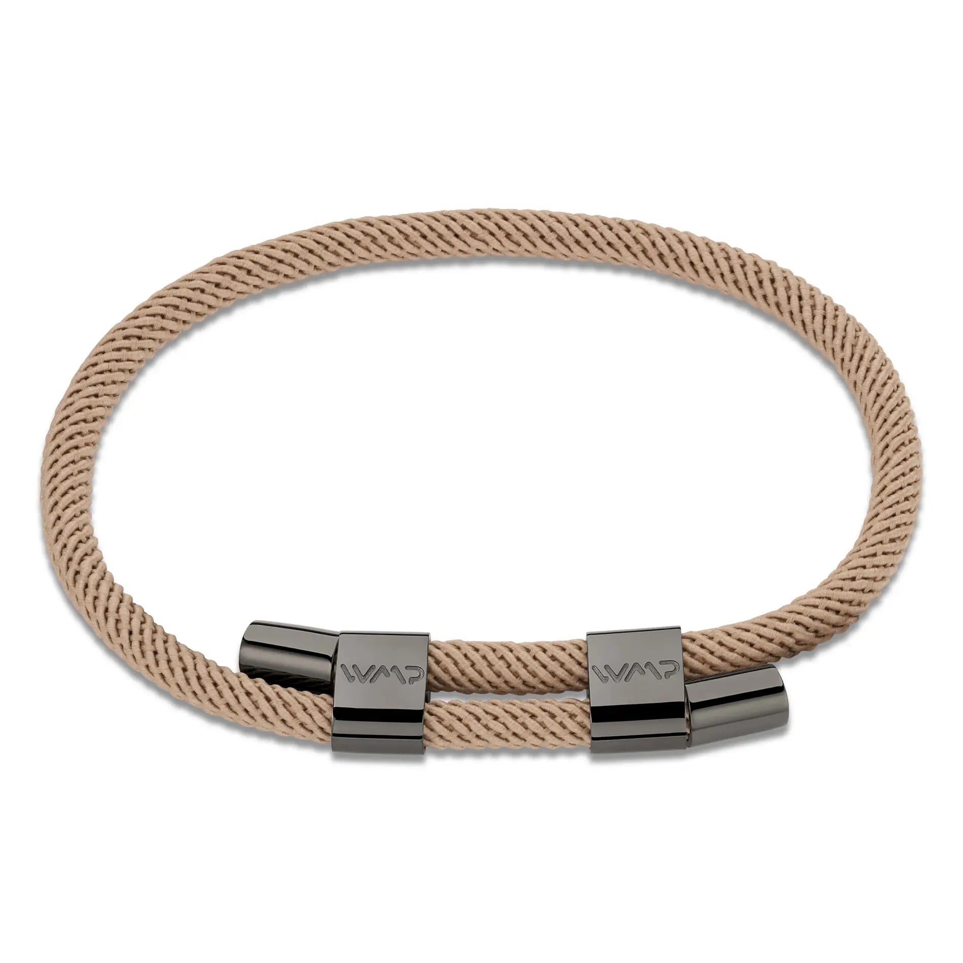 Sand / Gunmetal || Adjustable Water Resistant Men's Beige Rope Bracelet with Gunmetal Details on a white background. 