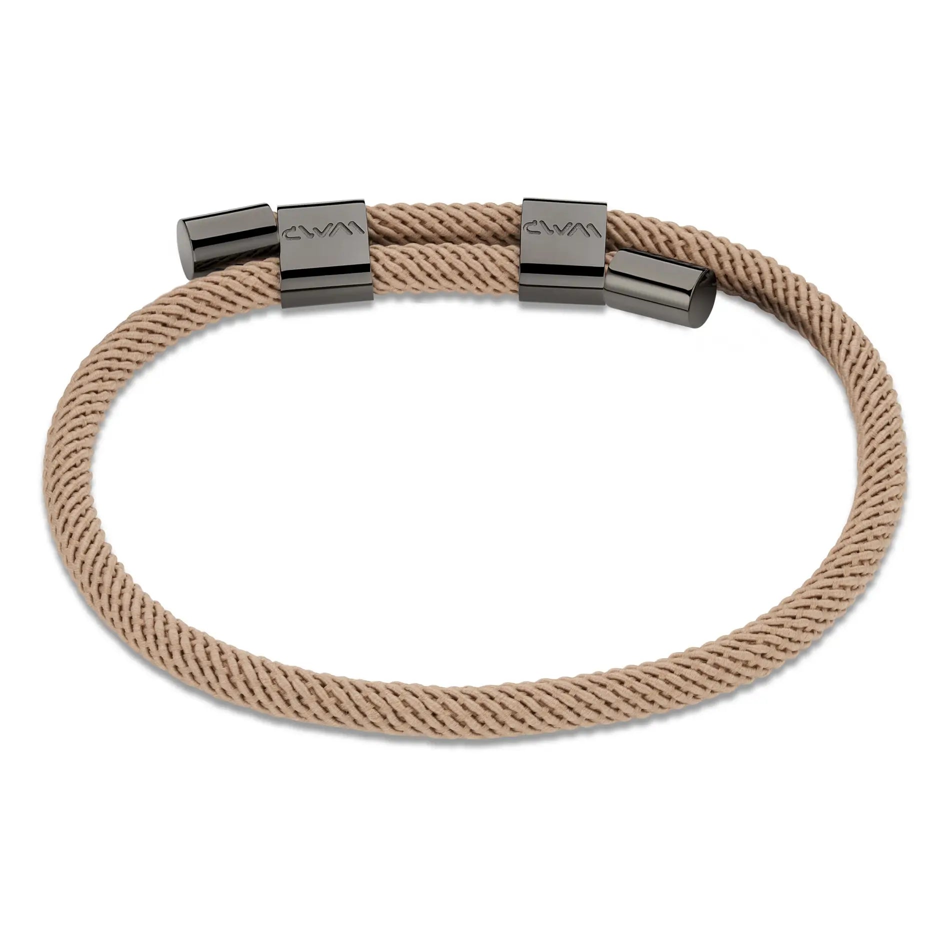 Sand / Gunmetal || Adjustable Water Resistant Men's Beige Rope Bracelet with Gunmetal Details on a white background. 