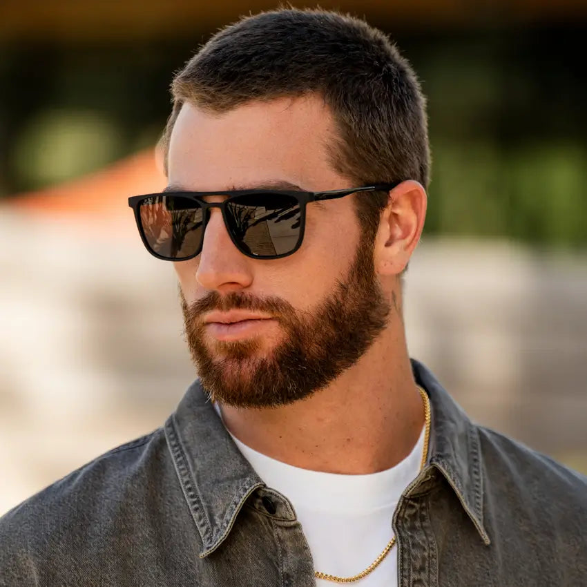 Jade Black || Black Rectangular Aviator Sunglasses with Black Polarized Lenses