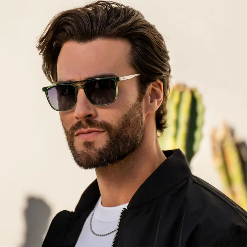 Emerald Green / Black Gradient Lens || Crystal Emerald Green Square Aviator Polarized Sunglasses with Gunmetal Stainless Steel Arms