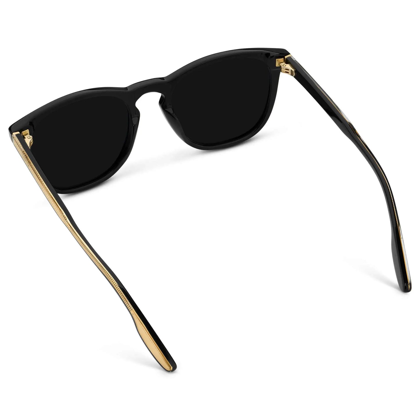 Black / Triple Black Lens || Men's Round Handcrafted Sunglasses with Gold exposed temple core, Black acetate Frame, and Triple Black Polarized Lens