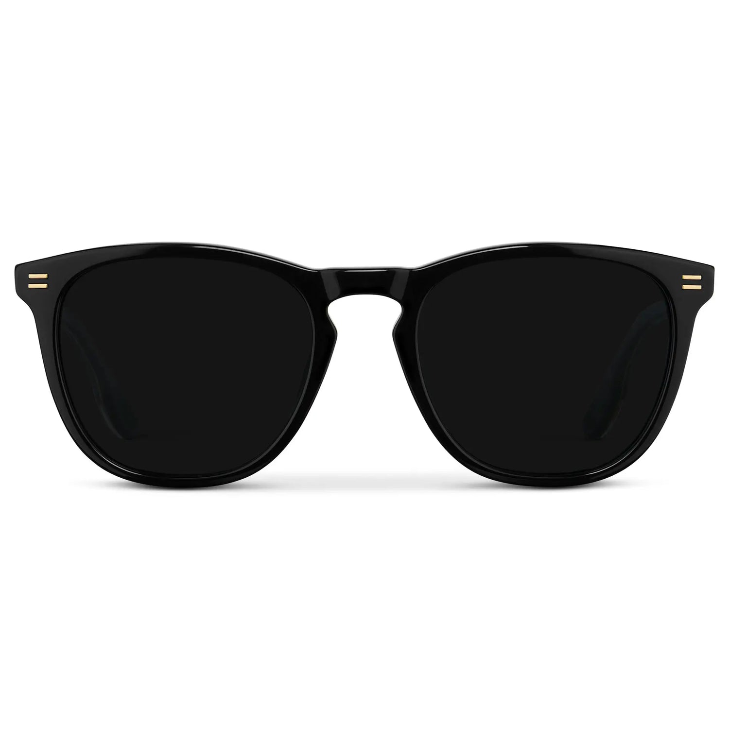 Black / Triple Black Lens || Men's Round Handcrafted Sunglasses with Gold exposed temple core, Black acetate Frame, and Triple Black Polarized Lens