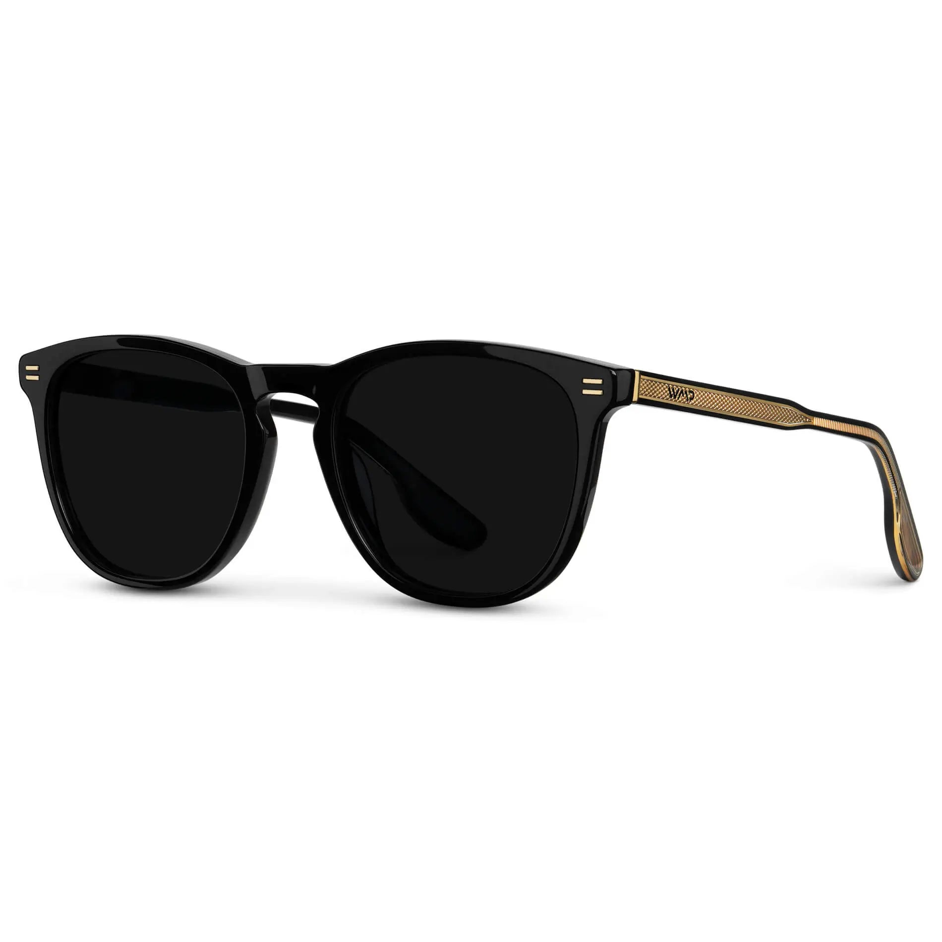 Black / Triple Black Lens || Men's Round Handcrafted Sunglasses with Gold exposed temple core, Black acetate Frame, and Triple Black Polarized Lens