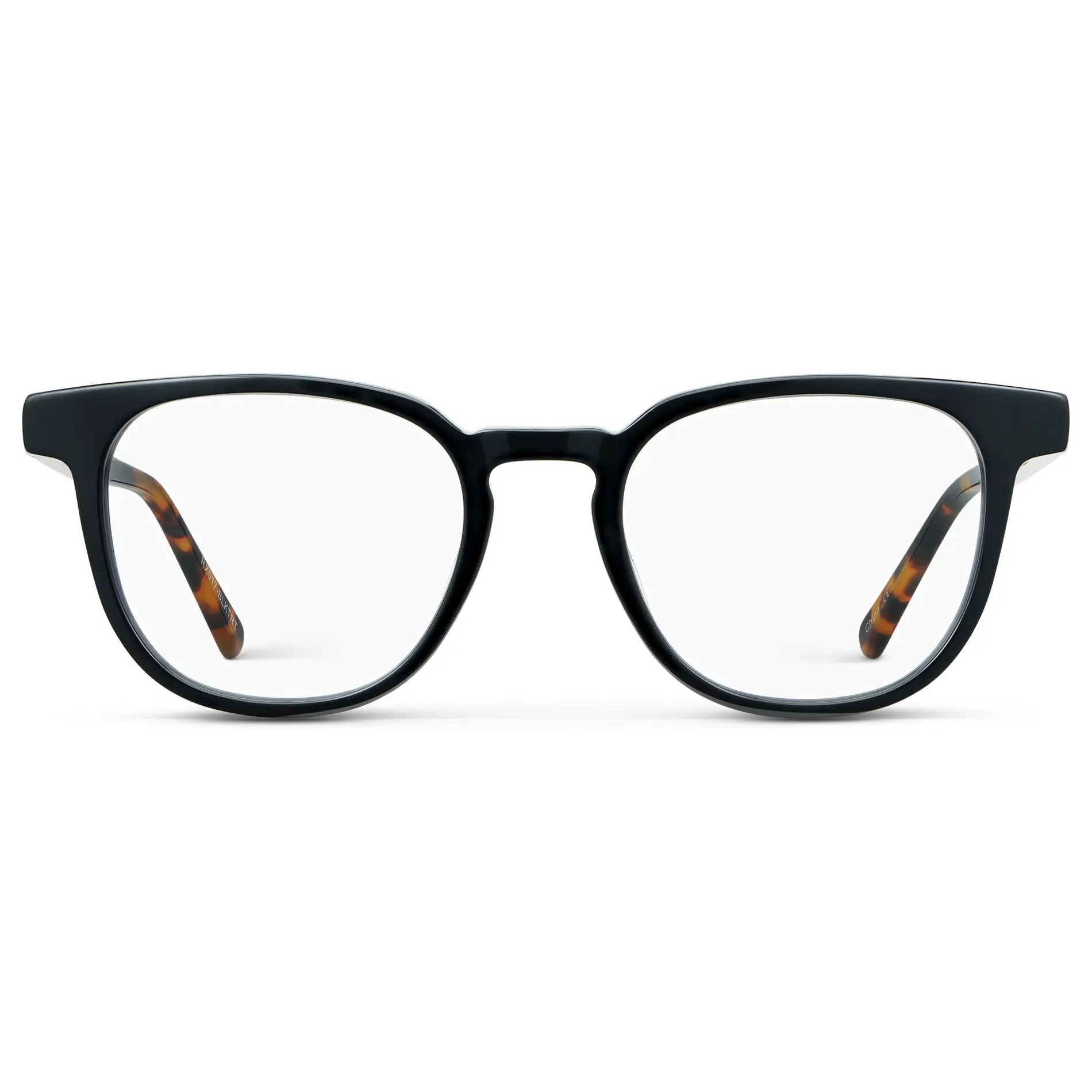Black Autumn Tortoise || Men's Square Blue Light Blocking Glasses with Black Autumn Tortoise Acetate Frame and Clear Lens on a white background 