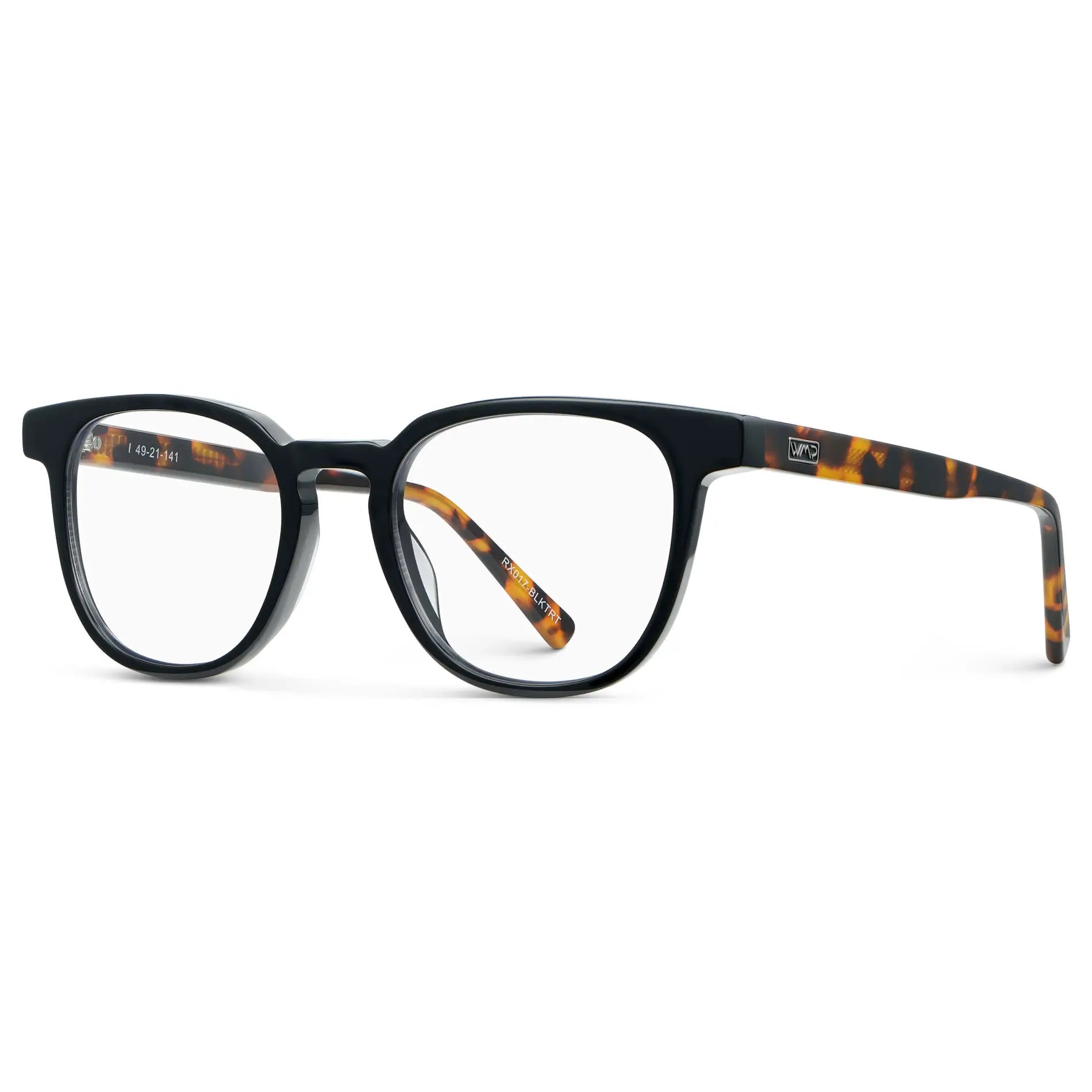 Black Autumn Tortoise || Side view of Men's Square Blue Light Blocking Glasses with Black Autumn Tortoise Acetate Frame and Clear Lens on a white background 