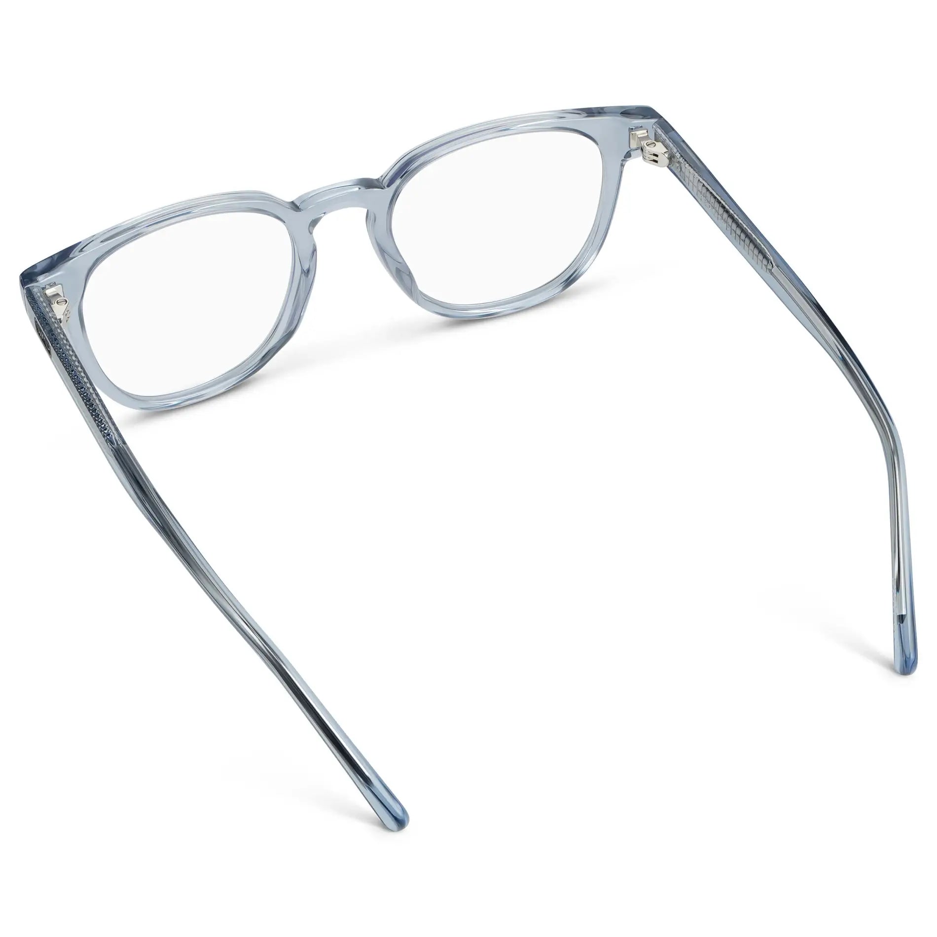 Denim Blue || Back view of Men's Square Eyeglasses with Denim Blue Acetate Frame and Clear Prescription Lens on a white background