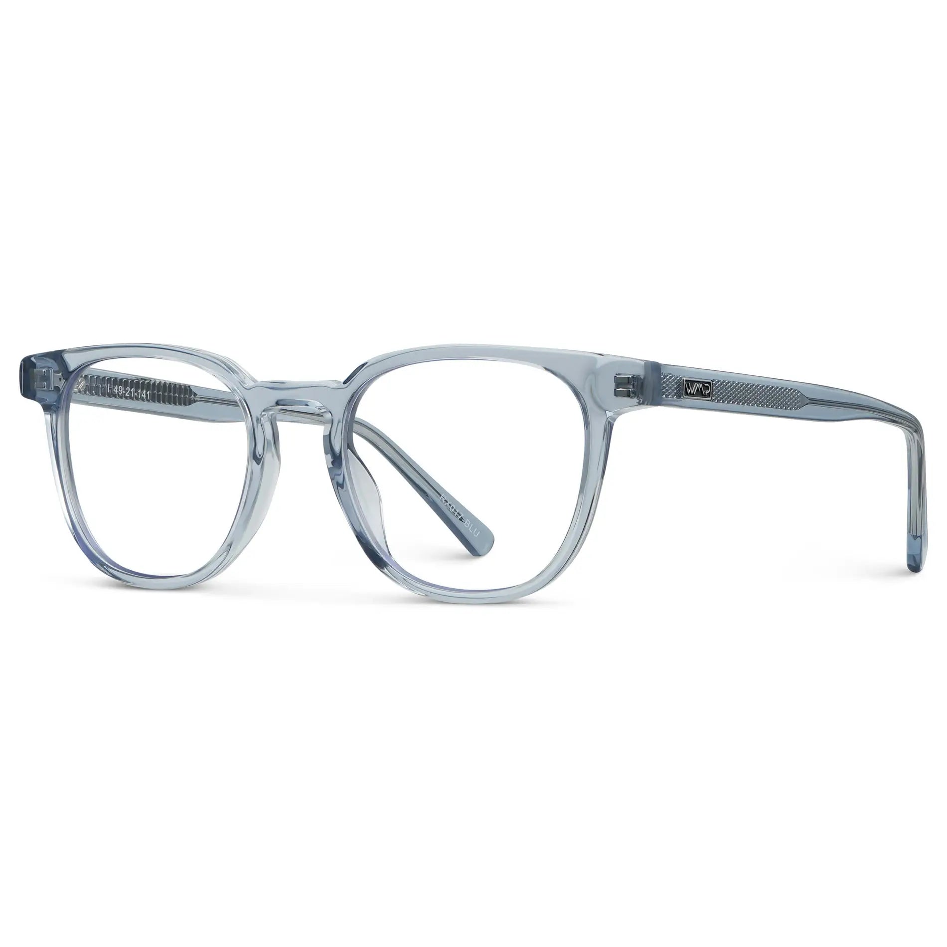 Denim Blue || Side view of Men's Square Blue Light Blocking Glasses with Denim Blue Acetate Frame and Clear Lens on a white background 