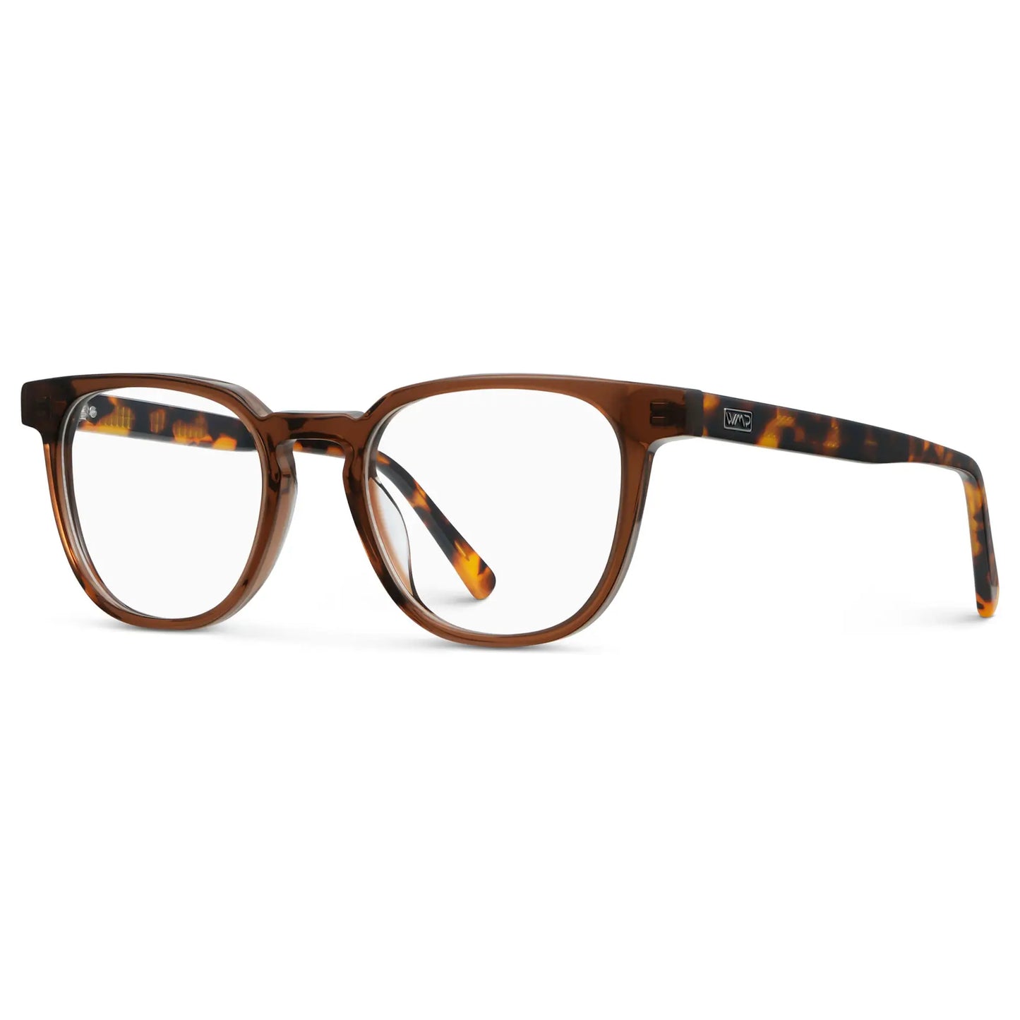 Crystal Brown || Side view of Men's Square Blue Light Blocking Glasses with Crystal Brown Acetate Frame and Clear Lens on a white background