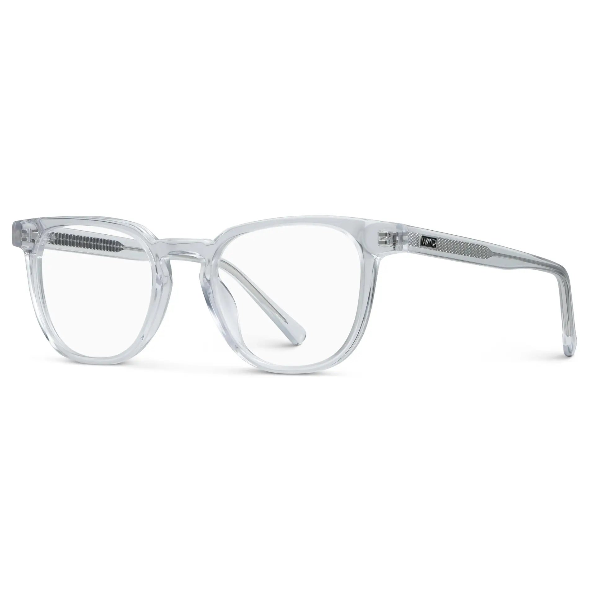 Clear || Side view of Men's Square Blue Light Blocking Glasses with Clear Acetate Frame and Clear Lens on a white background 