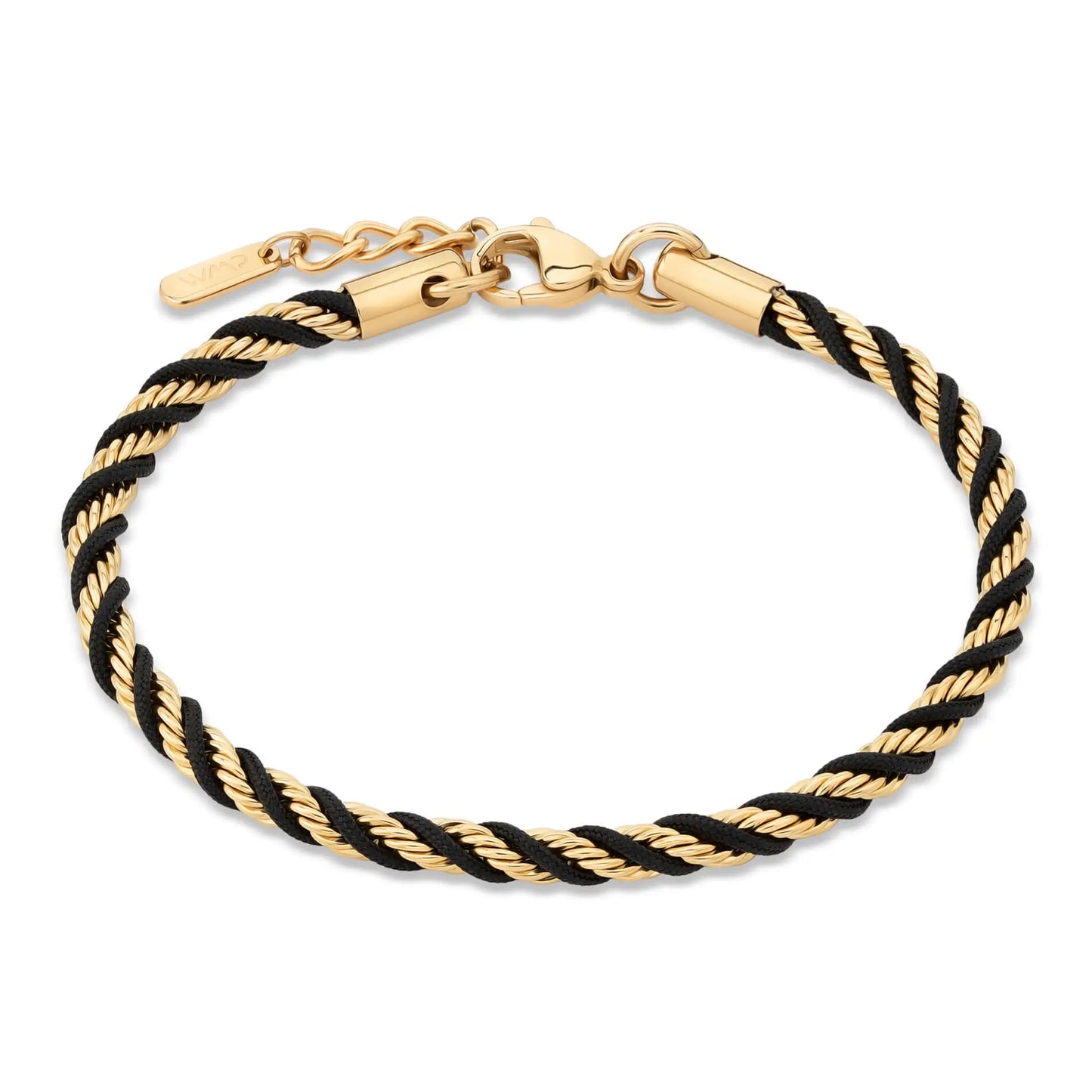 Gold / Black Rope || Men's 4mm Thick Braided Rope Bracelet with 14k Gold Plated Stainless Steel and Black Polyester Rope and Lobster Claw Clasp