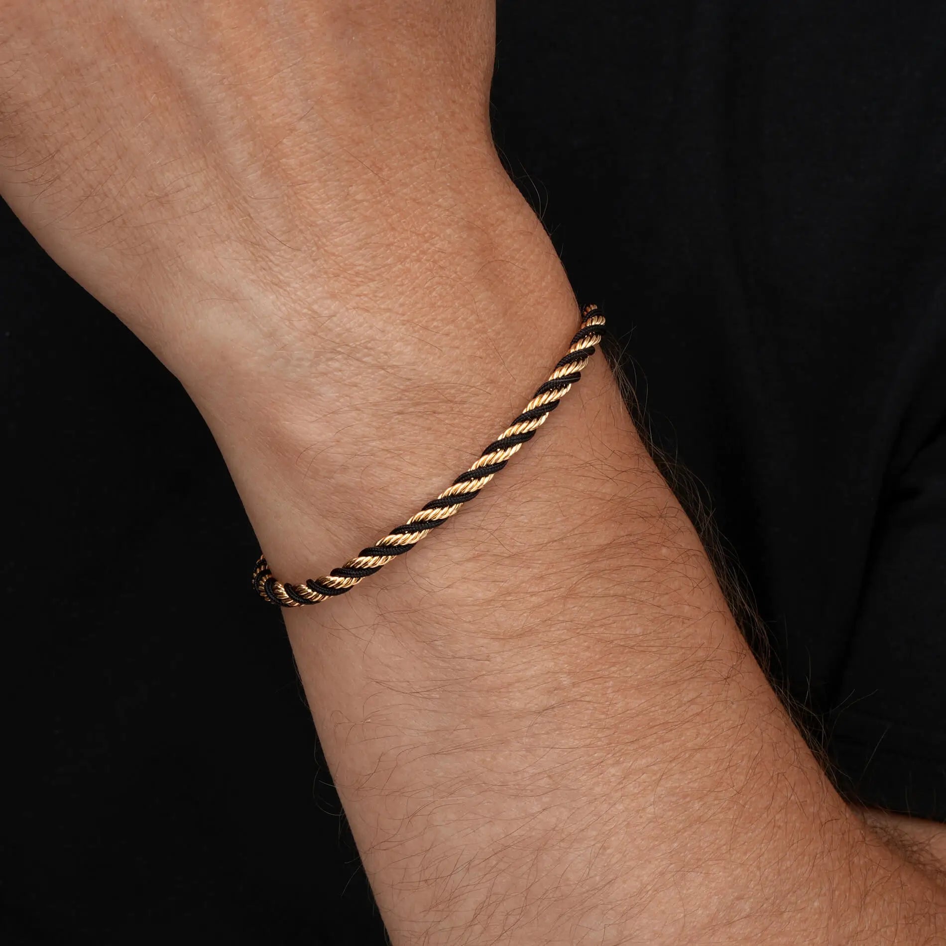Gold / Black Rope || Men's 4mm Thick Braided Rope Bracelet with 14k Gold Plated Stainless Steel and Black Polyester Rope and Lobster Claw Clasp
