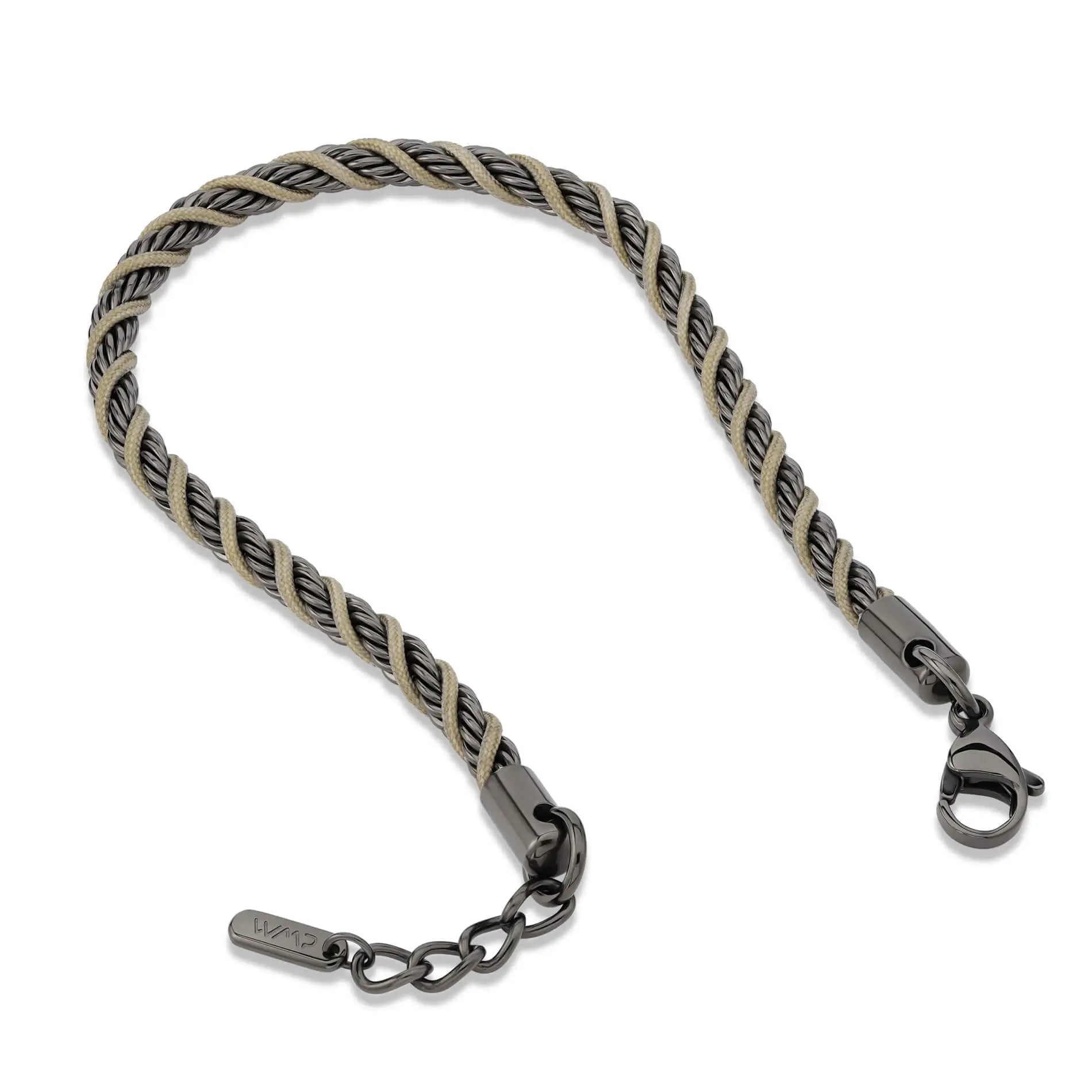 Gunmetal / Olive Green || Men's 4mm Thick Braided Rope with Gunmetal Stainless Steel and Olive Green Polyester Rope Bracelet with Lobster Claw Clasp