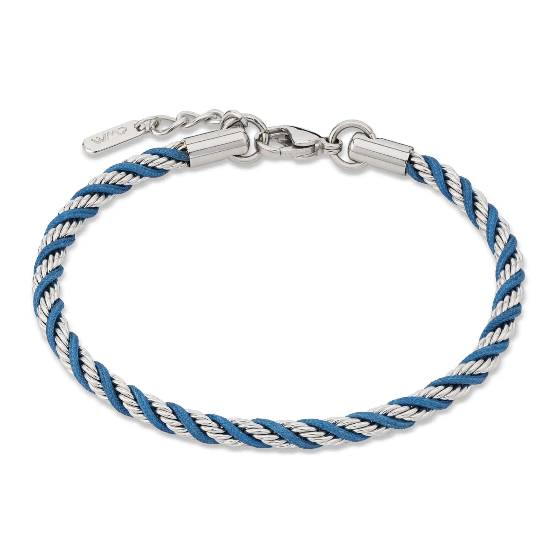 Silver / Denim Blue || Men's 4mm Thick Braided Rope Bracelet with Silver Stainless Steel and Denim Blue Polyester Rope and Lobster Claw Clasp