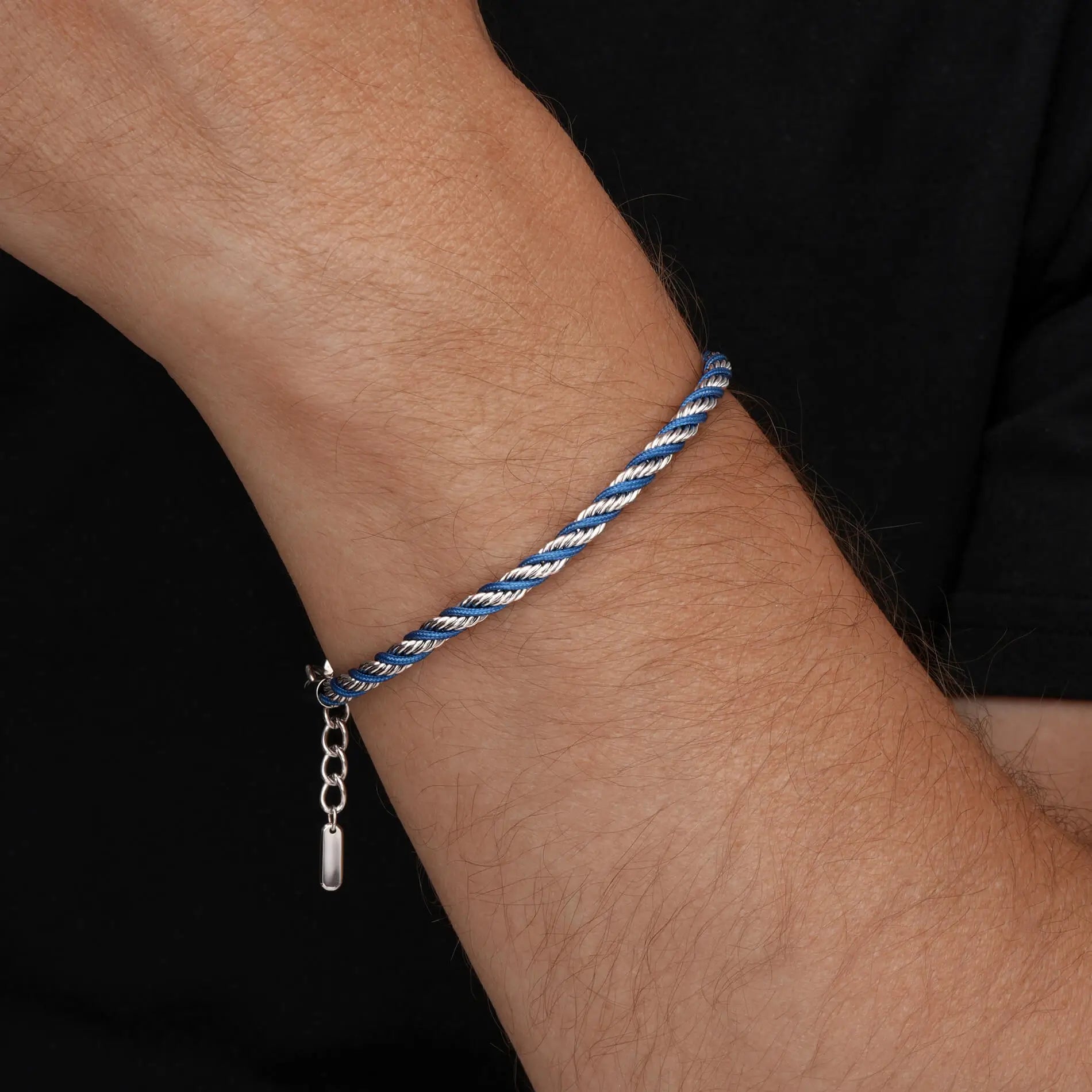 Silver / Denim Blue || Men's 4mm Thick Braided Rope Bracelet with Silver Stainless Steel and Denim Blue Polyester Rope and Lobster Claw Clasp