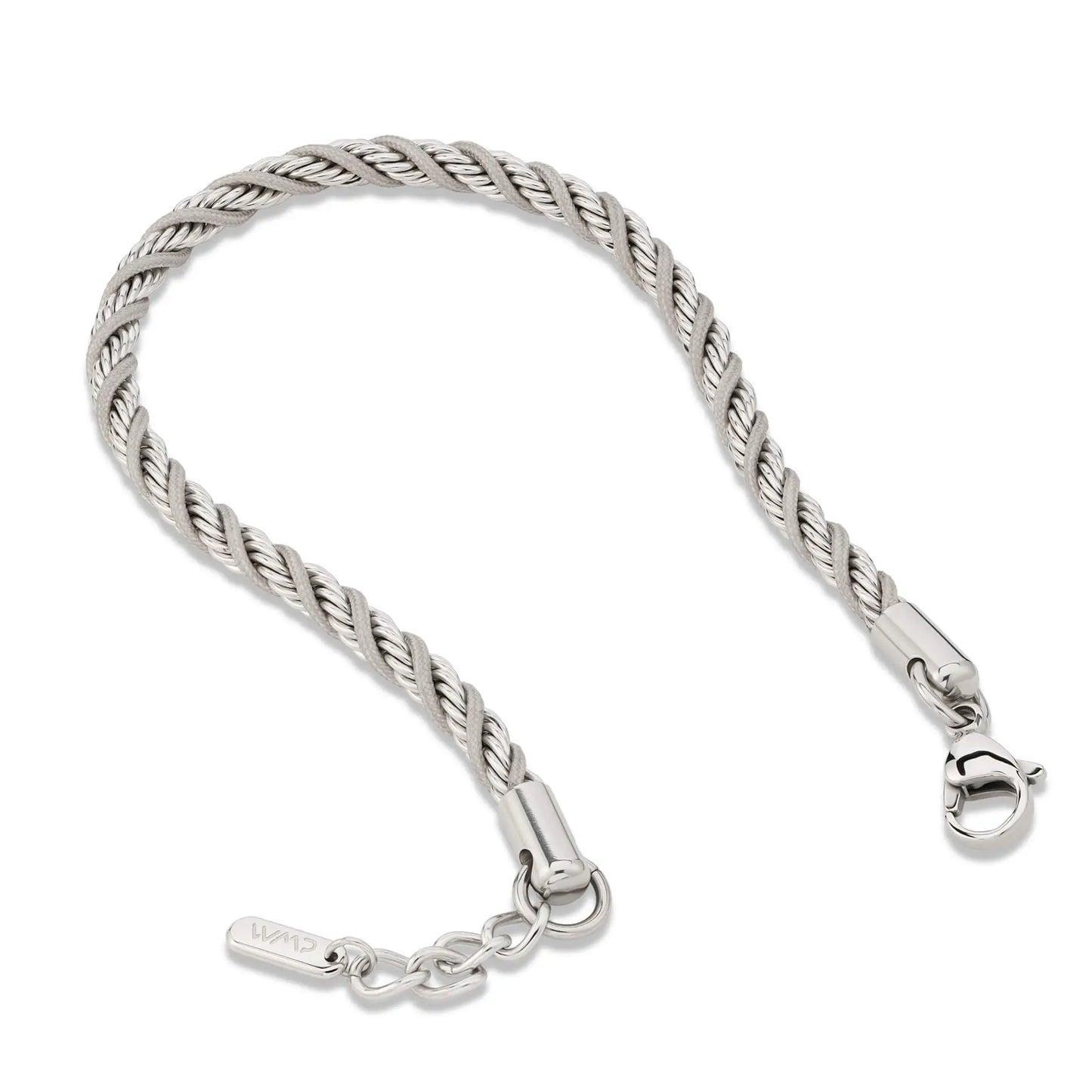 Silver / Stone Grey || Men's 4mm Thick Braided Rope Bracelet with Silver Stainless Steel and Stone Grey Polyester Rope and Lobster Claw Clasp
