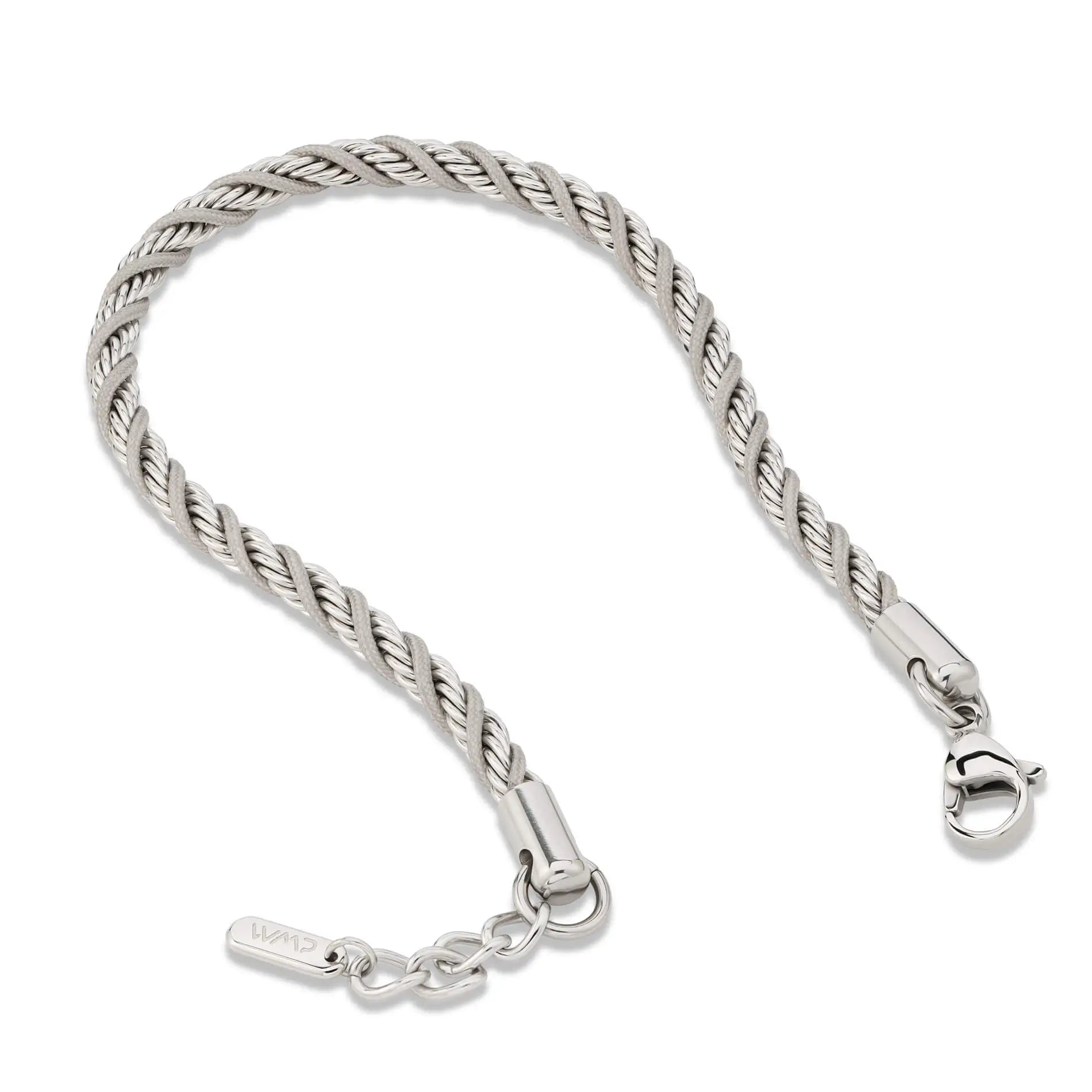 Silver / Stone Grey || Men's 4mm Thick Braided Rope Bracelet with Silver Stainless Steel and Stone Grey Polyester Rope and Lobster Claw Clasp
