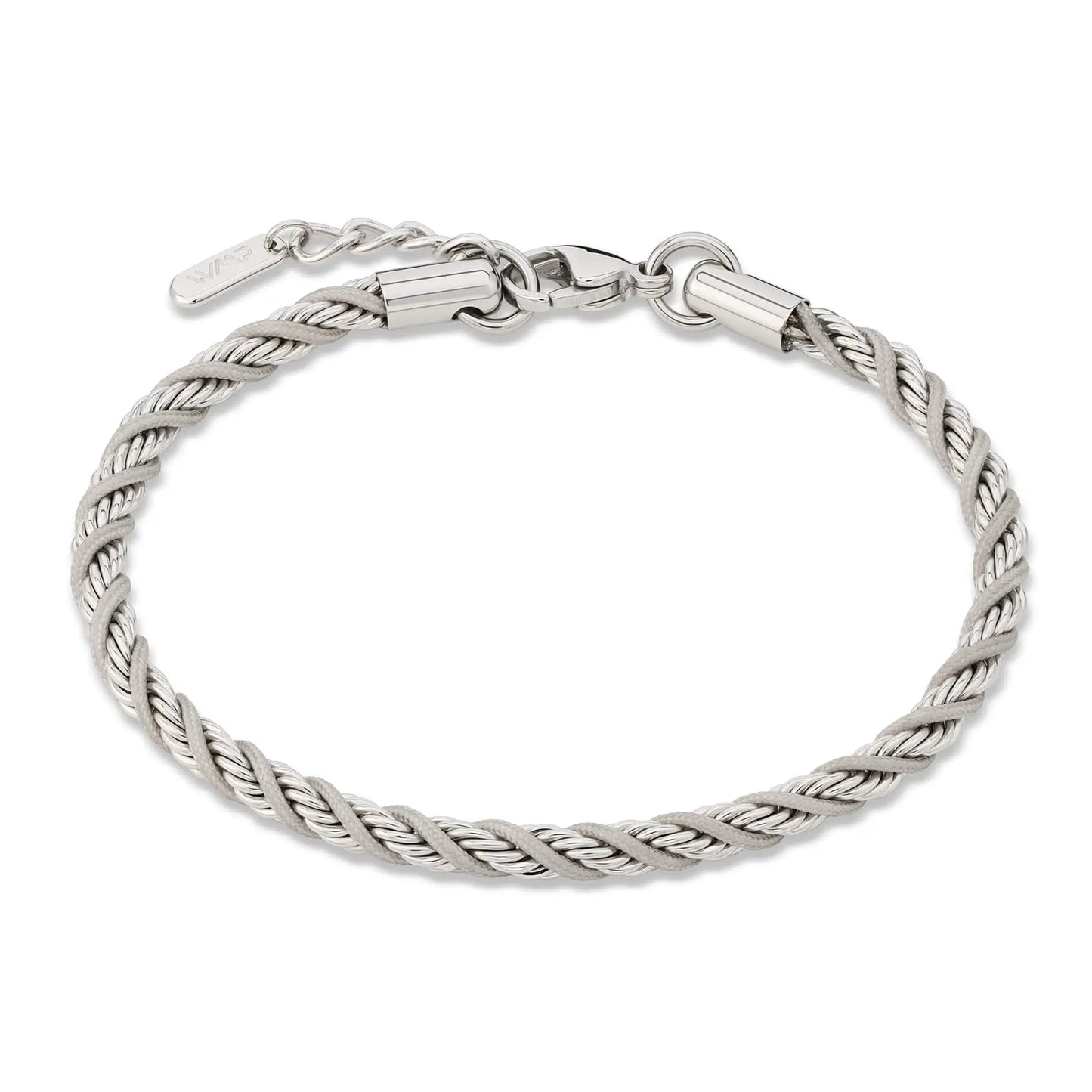 Silver / Stone Grey || Men's 4mm Thick Braided Rope Bracelet with Silver Stainless Steel and Stone Grey Polyester Rope and Lobster Claw Clasp