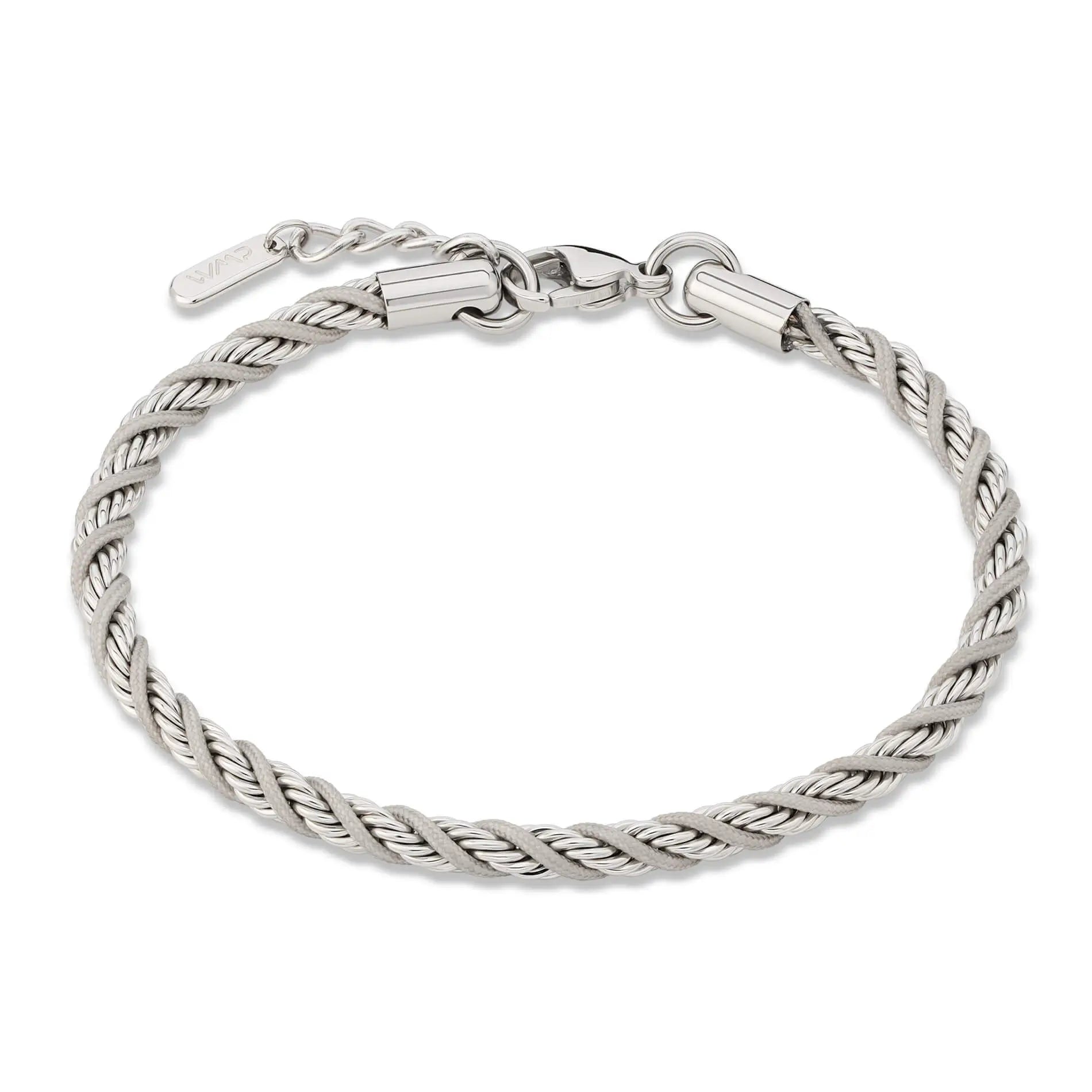 Silver / Stone Grey || Men's 4mm Thick Braided Rope Bracelet with Silver Stainless Steel and Stone Grey Polyester Rope and Lobster Claw Clasp