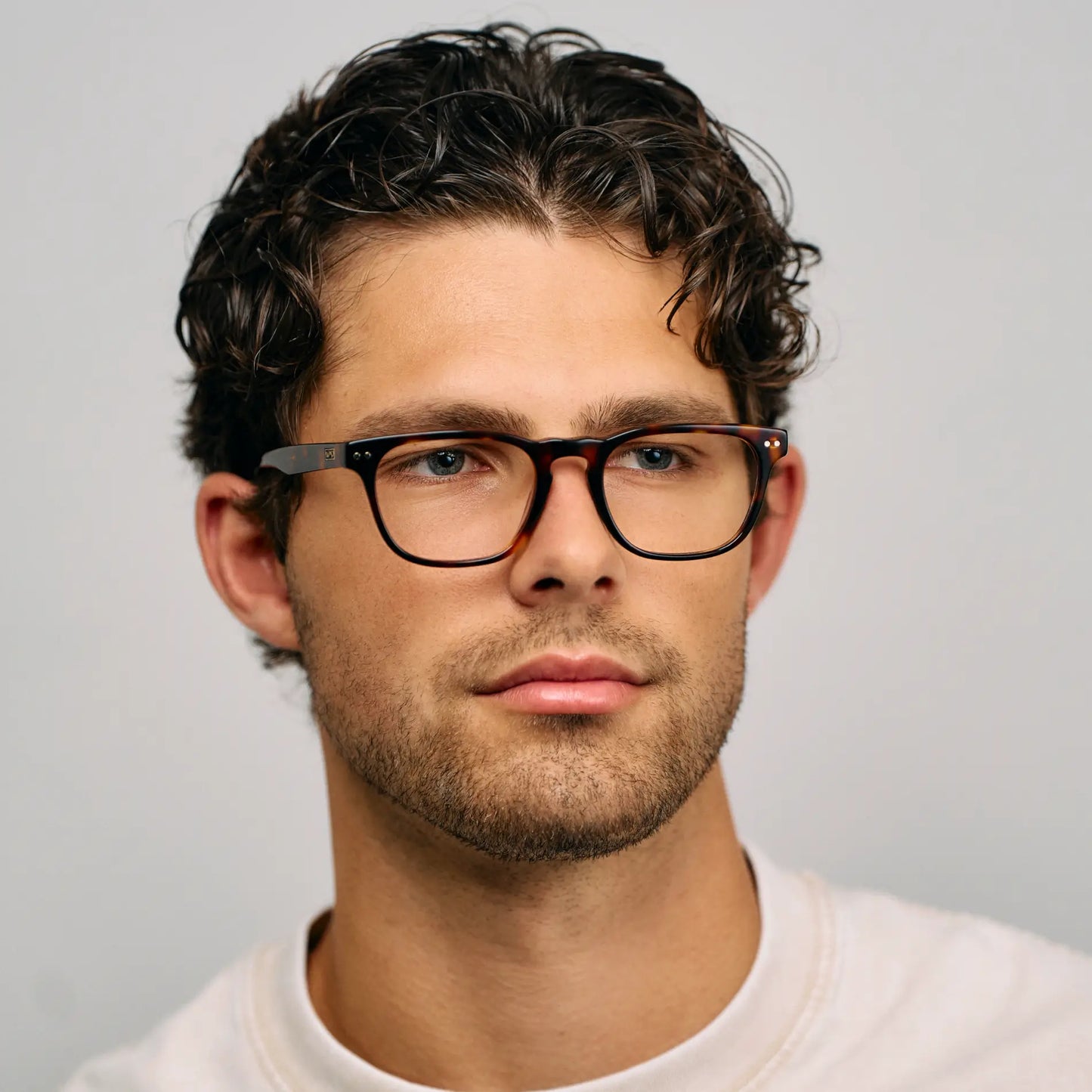 Brown Tortoise || Male Model wearing Men's Rectangular Blue Light Blocking Glasses with Brown Tortoise Acetate Frame and Clear Lens
