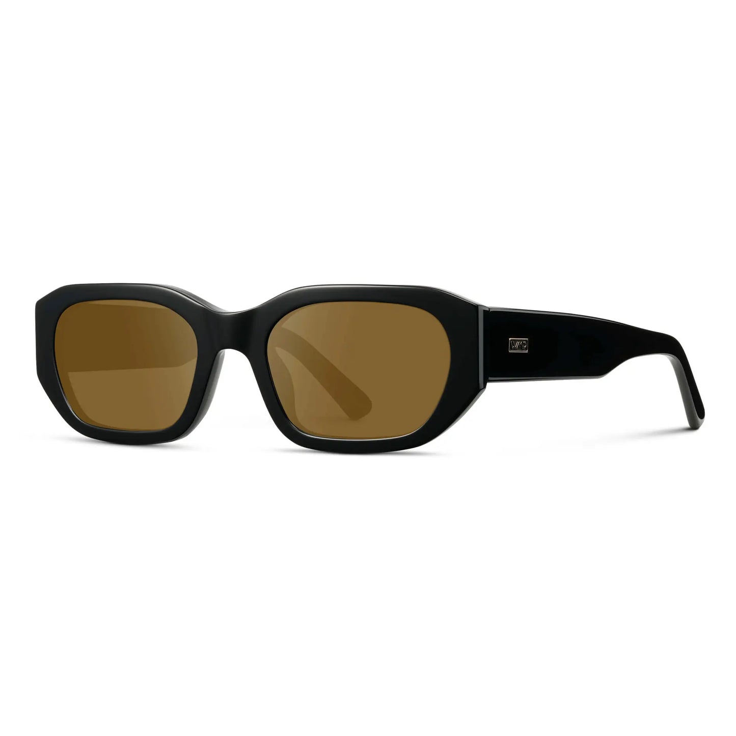 Black / Amber || Side view of Women's Rectangular Cat-Eye Prescription Sunglasses with Black Acetate Frame and Amber Lens on a white background 